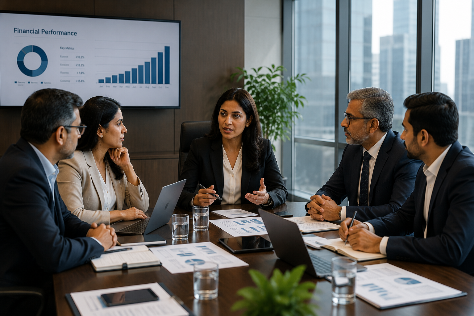 Business meeting with five professionals in suits discussing financial performance charts in a modern office.