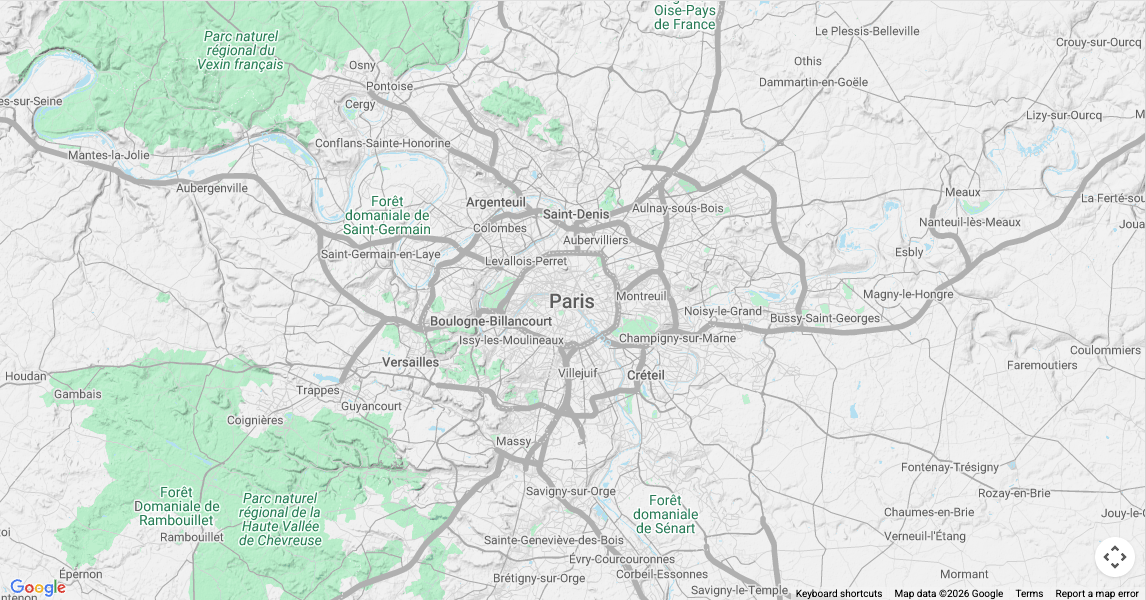 Carte de Paris et ses environs, montrant la localisation des forêts domaniales et des parcs naturels régionaux autour de la capitale française.