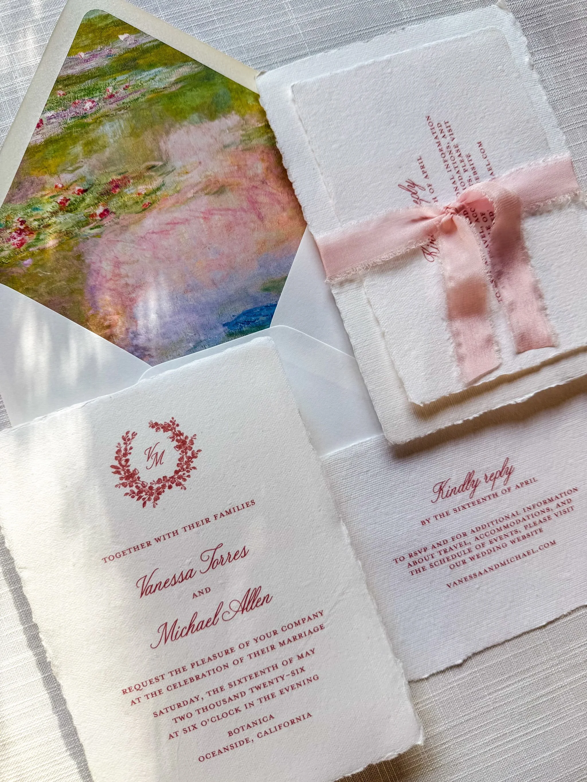 For the romantics at heart. 🌸

Soft blush silk, beautifully textured deckled-edge paper, a delicate floral monogram, and a painterly garden tucked inside the envelope.

From the smallest finishing touches to the details you may never have thought to