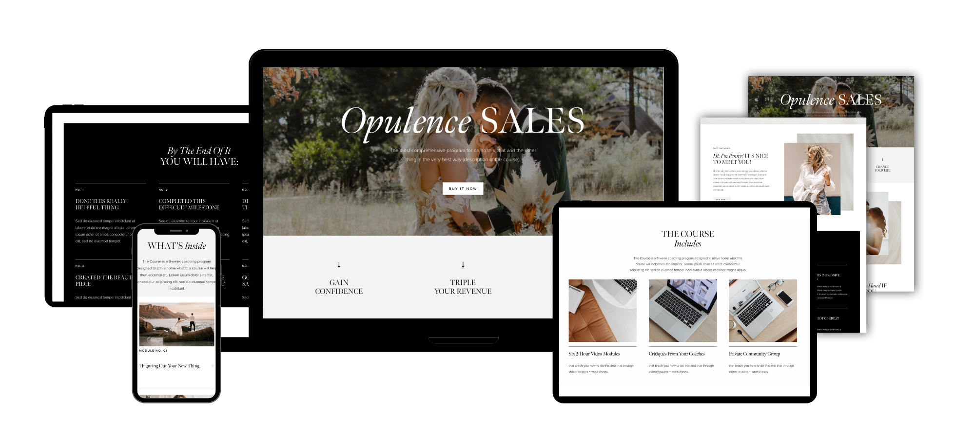 Multiple website mockups displayed on various devices like a phone, tablet, and desktop, showcasing a design for 'Opulence SALES' with images and text.