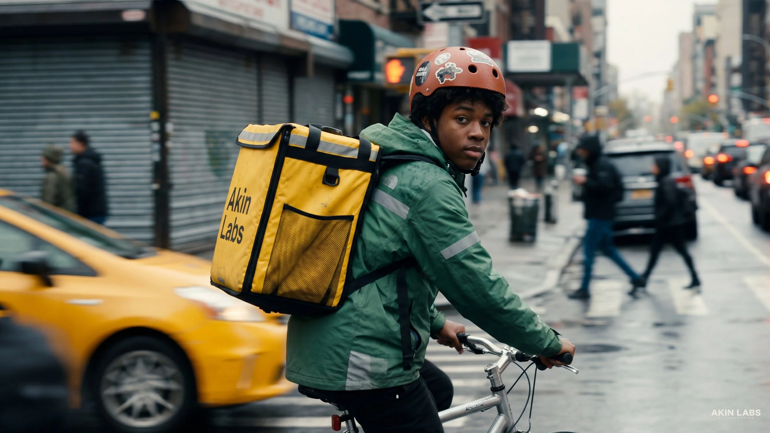 A young man with curly hair wearing a green jacket and an orange safety helmet rides a bicycle across a busy city street with yellow taxis and pedestrians. Higgsfield, NanoBanana 2, Kling, LLM, Gemini. AI Cinema. AI Film.