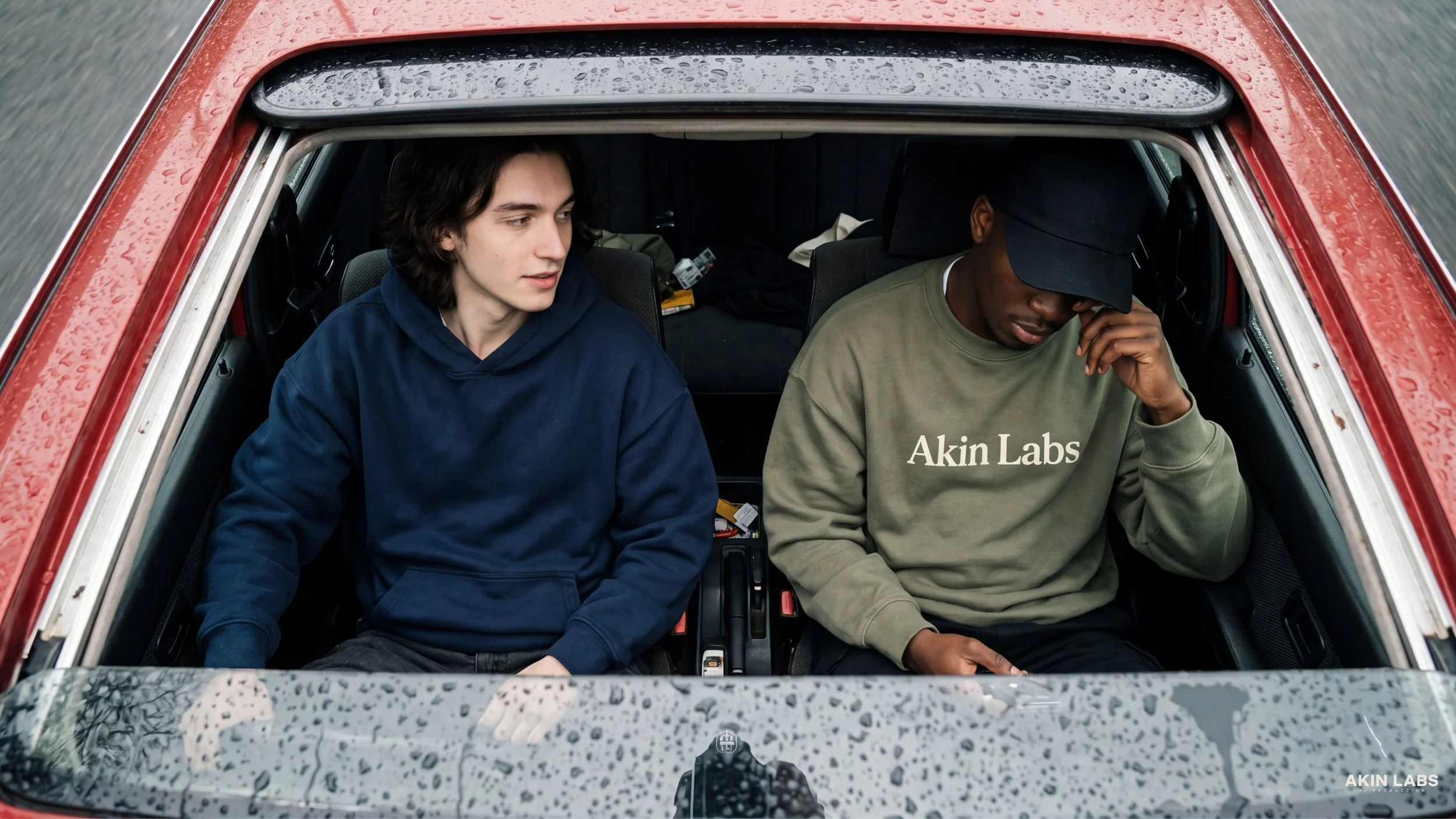 Two young men sitting inside a red car, one wearing a blue hoodie and the other wearing a beige hoodie with 'Akin Labs' written on it, both looking down or away, with the car windshield showing raindrops. Higgsfield, NanoBanana 2, Kling, LLM, Gemini.