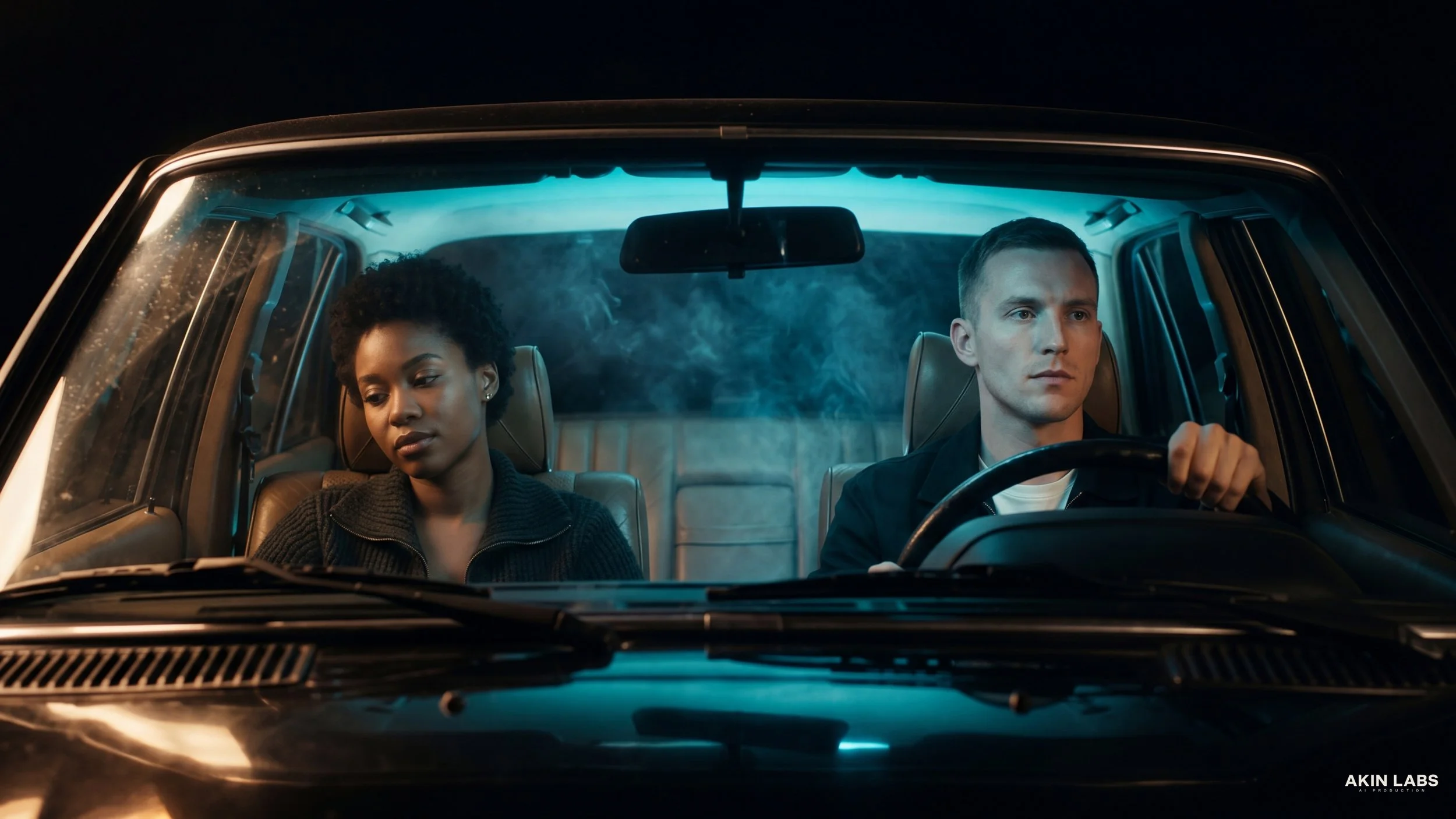 A man driving a car with a woman sitting beside him. It appears to be nighttime or inside a dark garage, and the mood seems contemplative or serious.Higgsfield, NanoBanana 2, Kling, LLM, Gemini. AI Cinema. AI Film.