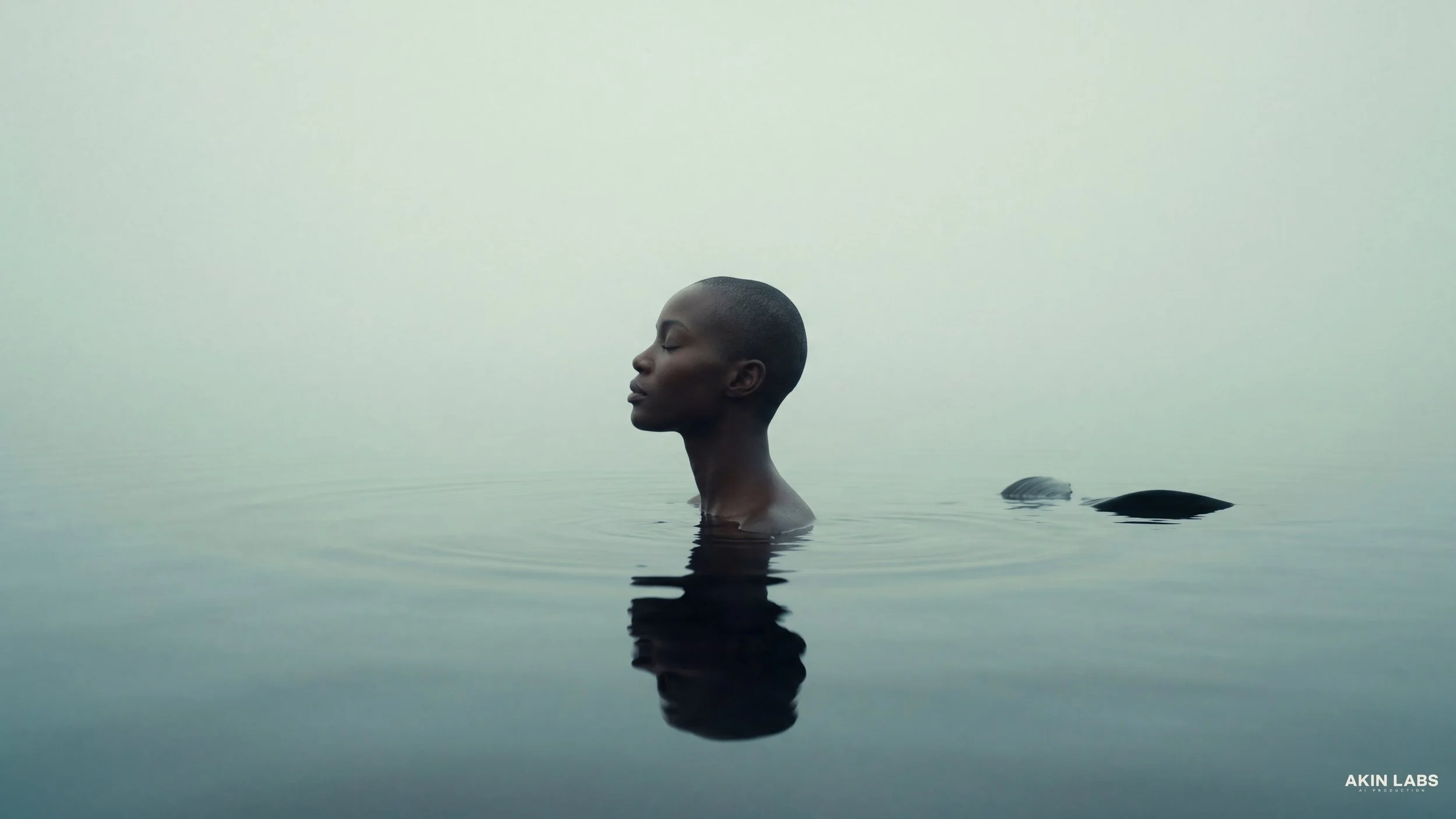 A person with dark skin and a short haircut is shown with their head and shoulders emerging from calm water, eyes closed, in a serene and minimalistic setting with a soft, light background. Higgsfield, NanoBanana 2, Kling, LLM, Gemini.