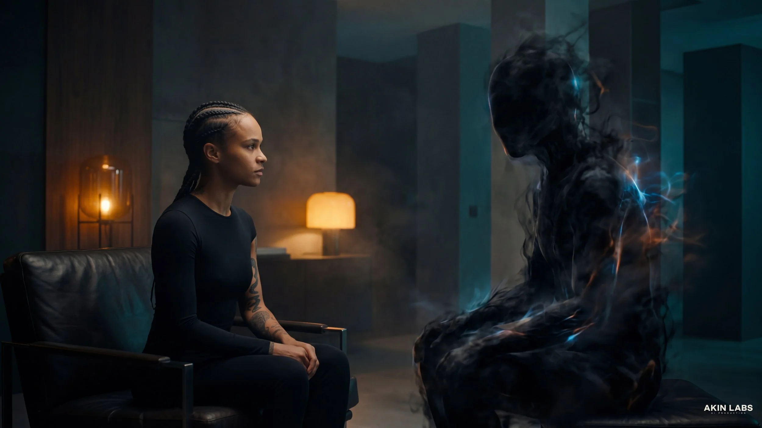 A young woman with braided hair and tattoos sitting in a chair, facing a semi-transparent, smoky, blue-lit cybernetic figure in a dimly lit room with warm lamps. Higgsfield, NanoBanana 2, Kling, LLM, Gemini. AI Cinema. AI Film.