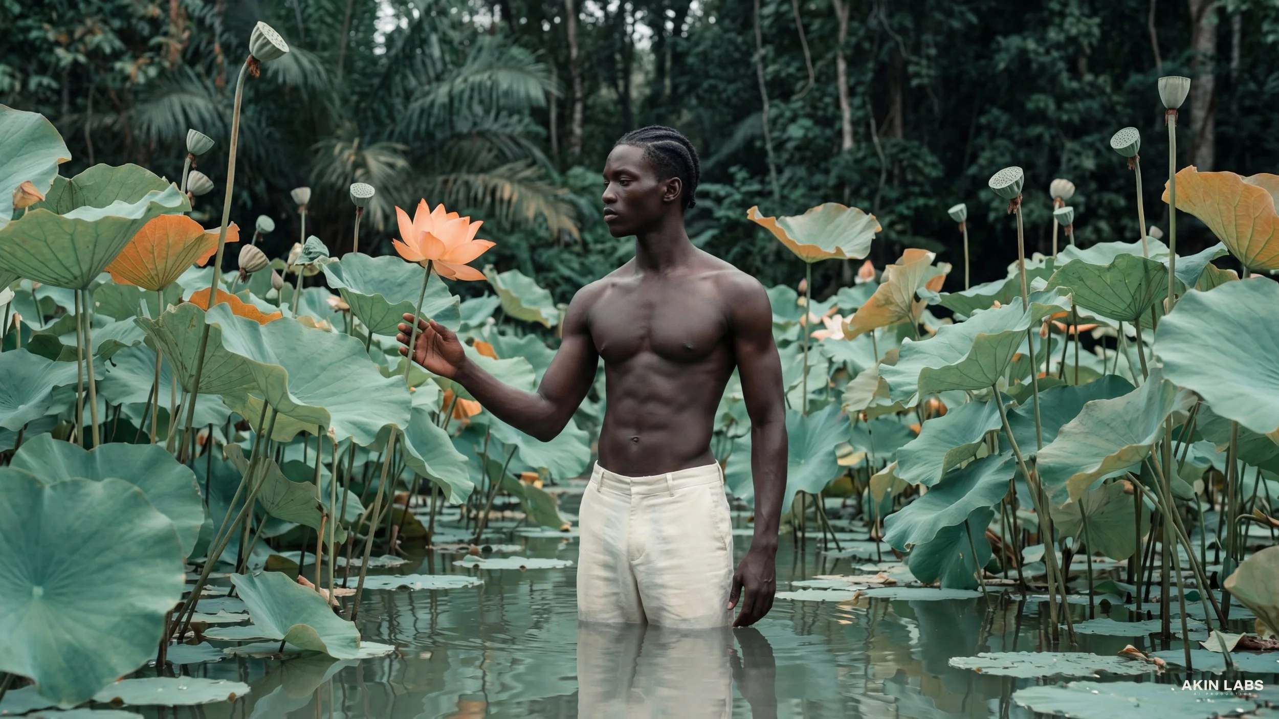 A shirtless man with dark skin and braids stands in a lotus pond surrounded by large green leaves and blooming lotus flowers, with dense trees in the background. Higgsfield, NanoBanana 2, Kling, LLM, Gemini.