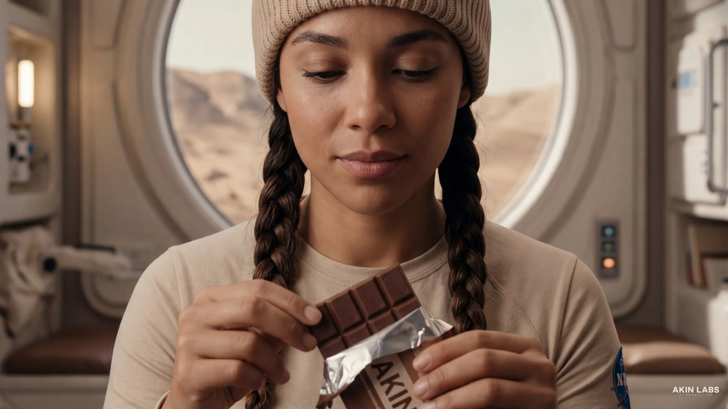 A woman with braided hair and a beige beanie looking at a chocolate bar she is unwrapping inside a spacecraft or space station.Higgsfield, NanoBanana 2, Kling, LLM, Gemini. AI Cinema. AI Film.