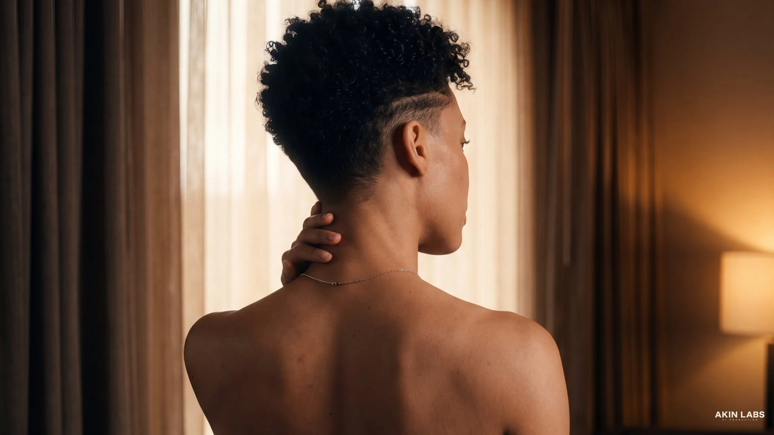 A woman with short, curly hair and a shaved side, viewed from the back, standing in front of beige curtains in a softly lit room. Higgsfield, NanoBanana 2, Kling, LLM, Gemini. AI Cinema. AI Film.