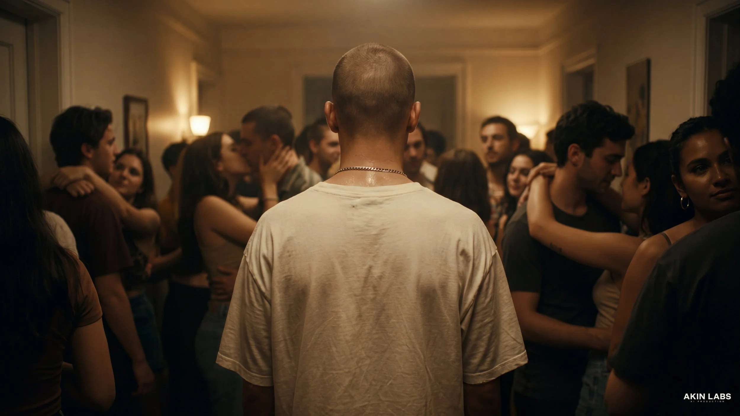 A person with a shaved head and chain necklace stands surrounded by a group of people at a gathering in a warmly lit room. Higgsfield, NanoBanana 2, Kling, LLM, Gemini.
