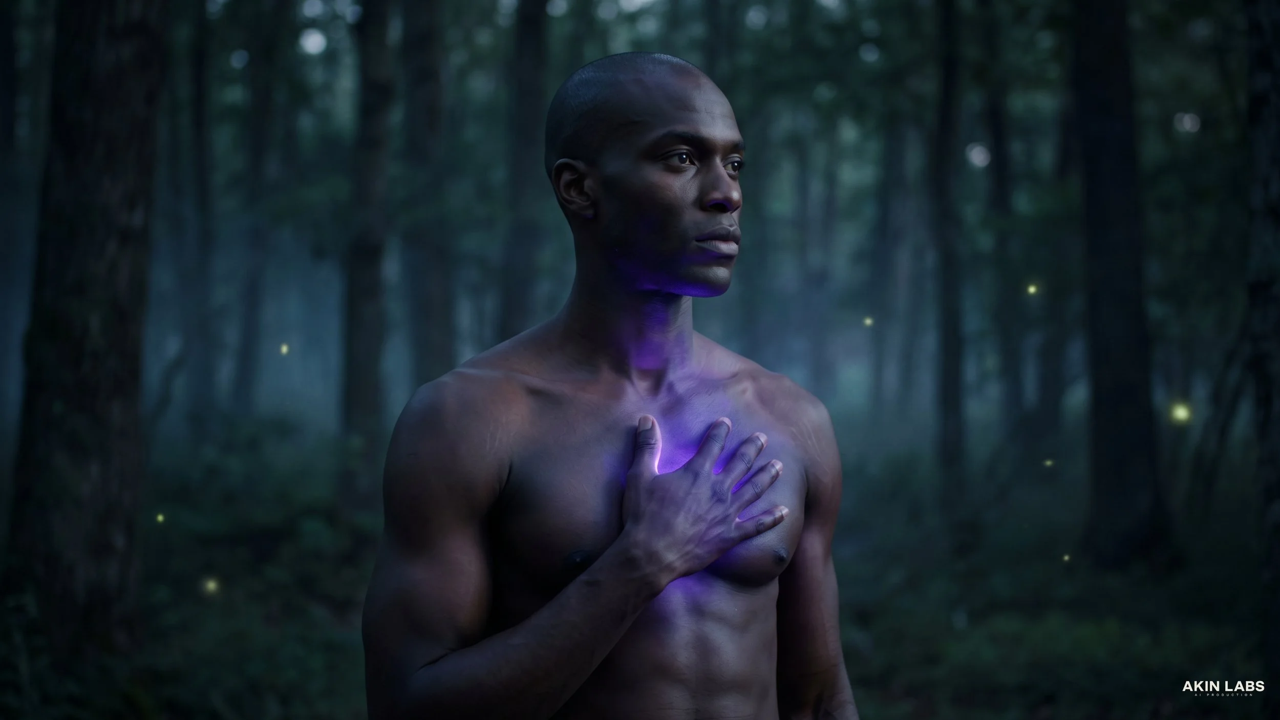 A shirtless man with dark skin and a shaved head standing in a dark forest, holding his chest with one hand and looking contemplative. There are small glowing lights floating around him. Higgsfield, NanoBanana 2, Kling, LLM, Gemini.