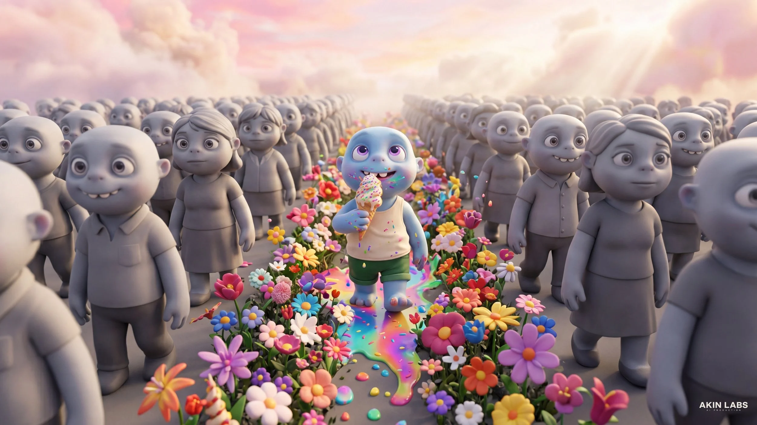 Animated blue creature with purple eyes and a white shirt eating ice cream, walking through a colorful flower field surrounded by gray, cartoon-style children with wide eyes, smiling faces, and simple clothing, under a bright sky with clouds.