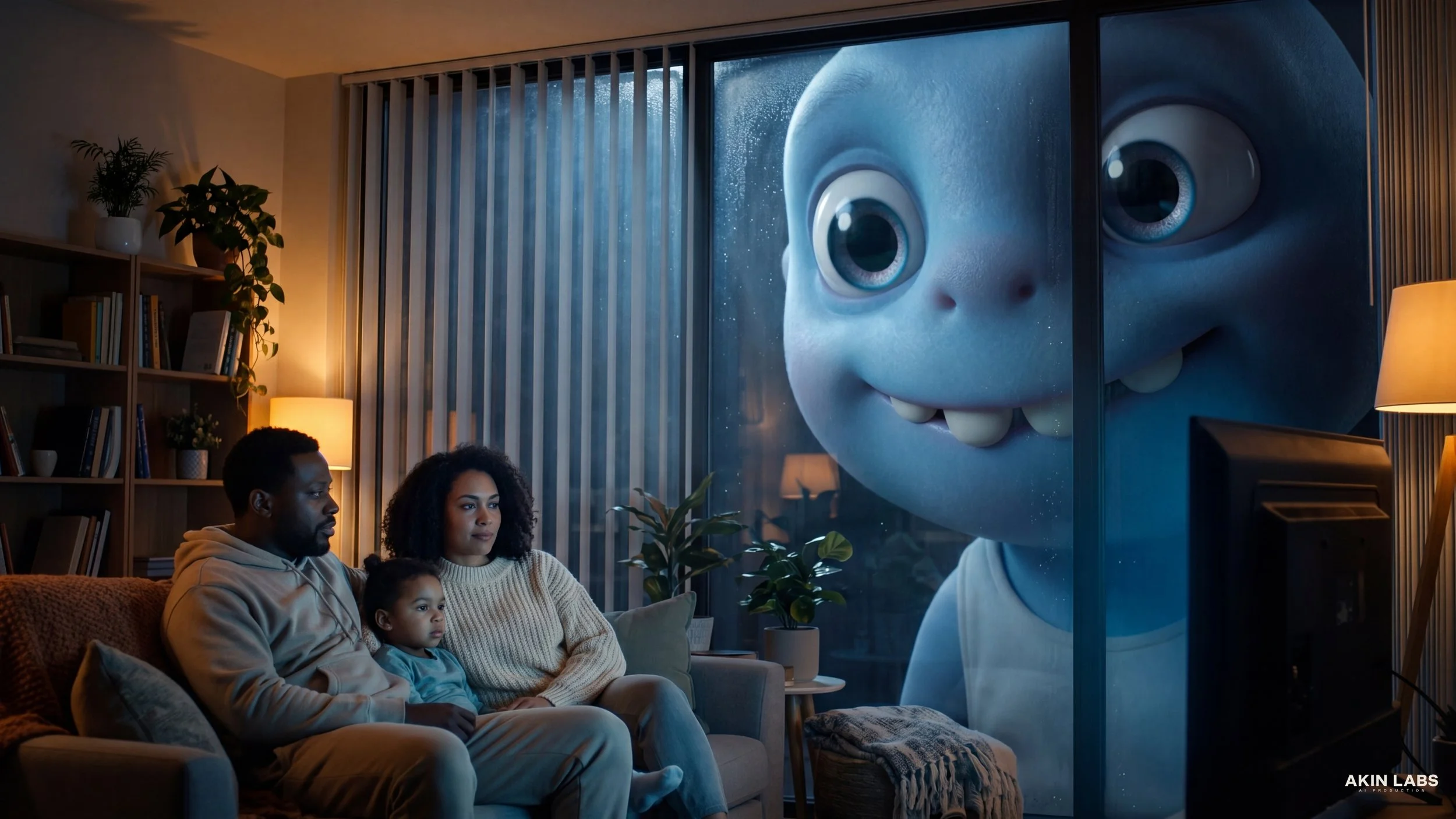 Family sitting on a couch watching a large animated alien face on a window, in a cozy living room with books, plants, and warm lighting. Higgsfield, NanoBanana 2, Kling, LLM, Gemini. AI Movie. Ai Cinema.