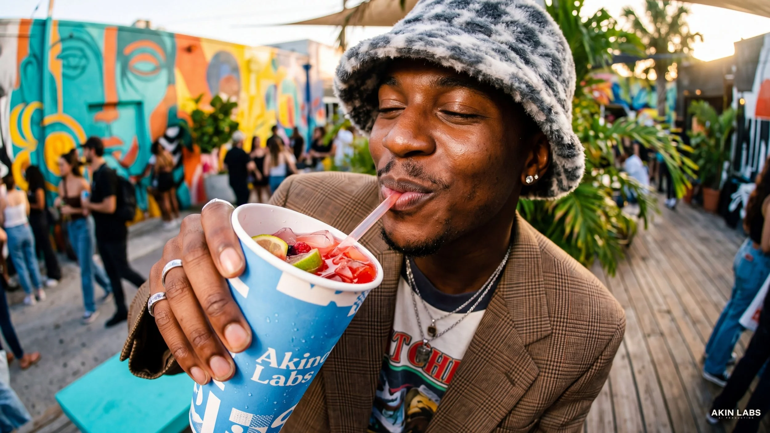 A man with a gray and black patterned hat sipping a colorful beverage from a paper cup with a straw, at an outdoor event with a vibrant mural and people in the background.Higgsfield, NanoBanana 2, Kling, LLM, Gemini. AI Cinema. AI Film.
