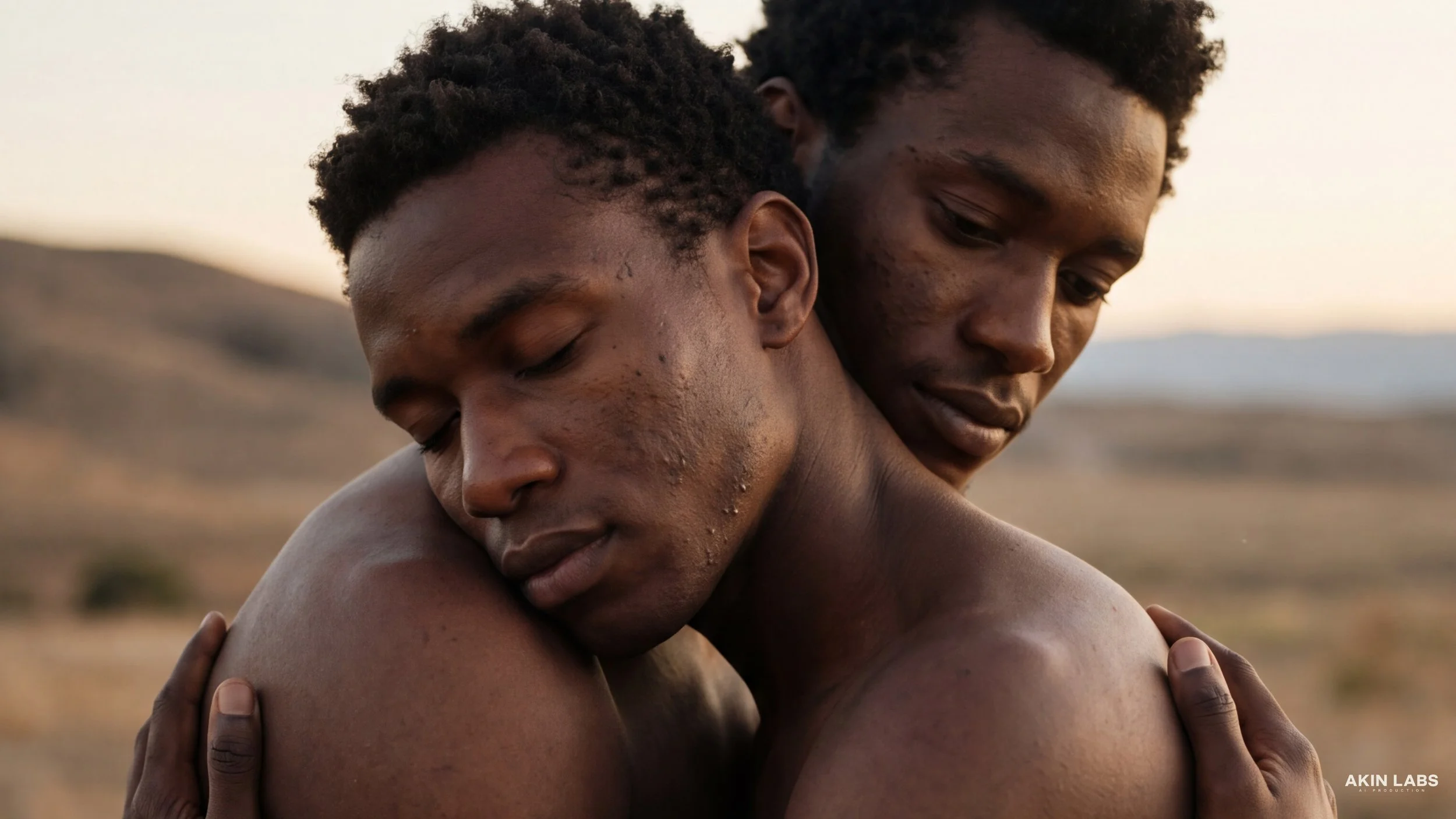 Two young men embracing each other outdoors during sunset with their eyes closed, conveying a sense of closeness and serenity. Higgsfield, NanoBanana 2, Kling, LLM, Gemini. AI Portrait