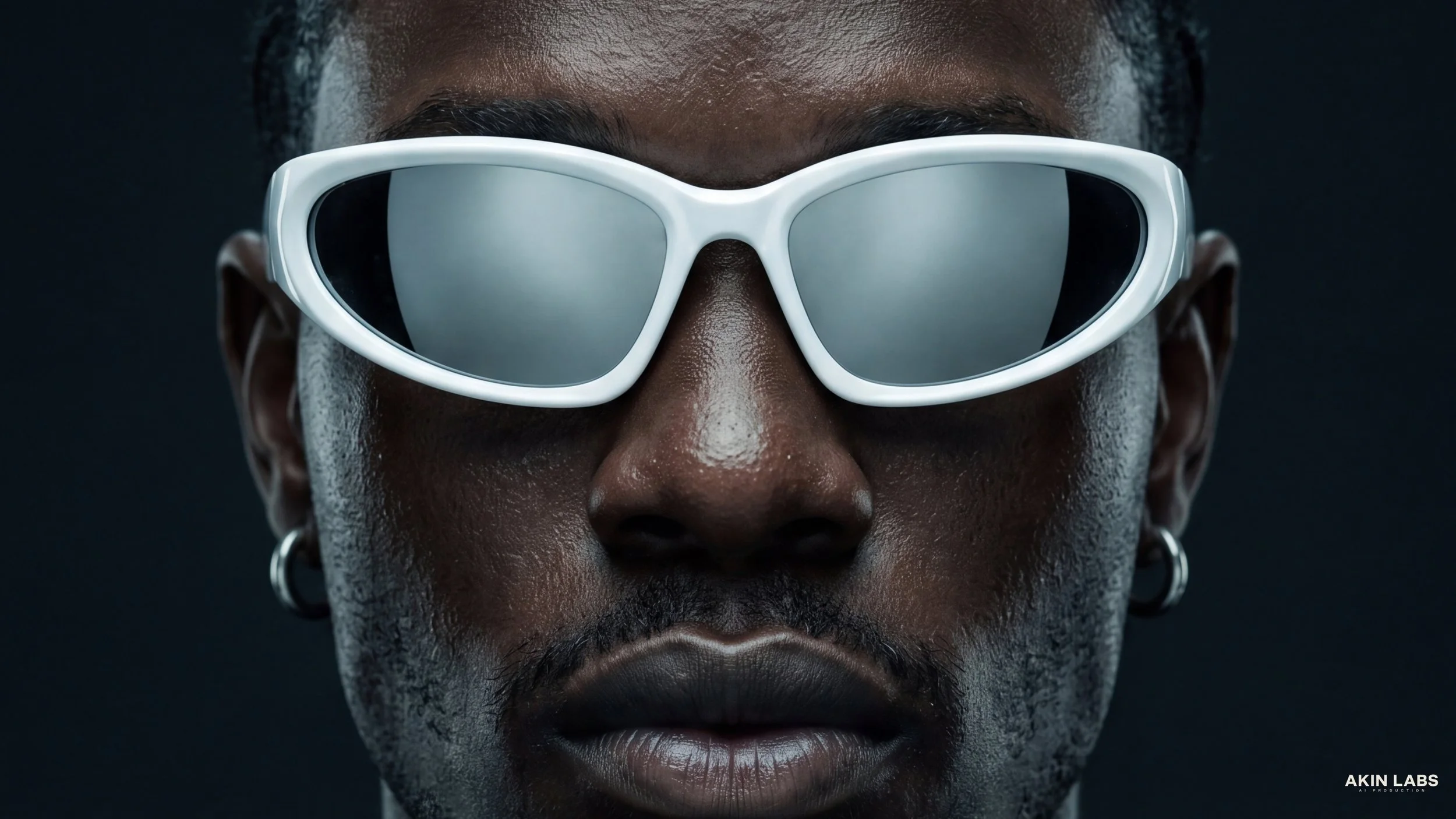 Close-up of a person with dark skin wearing white futuristic sunglasses with reflective lenses and hoop earrings, against a dark background. Higgsfield, NanoBanana 2, Kling, LLM, Gemini. AI Fashion. Eleven Labs.