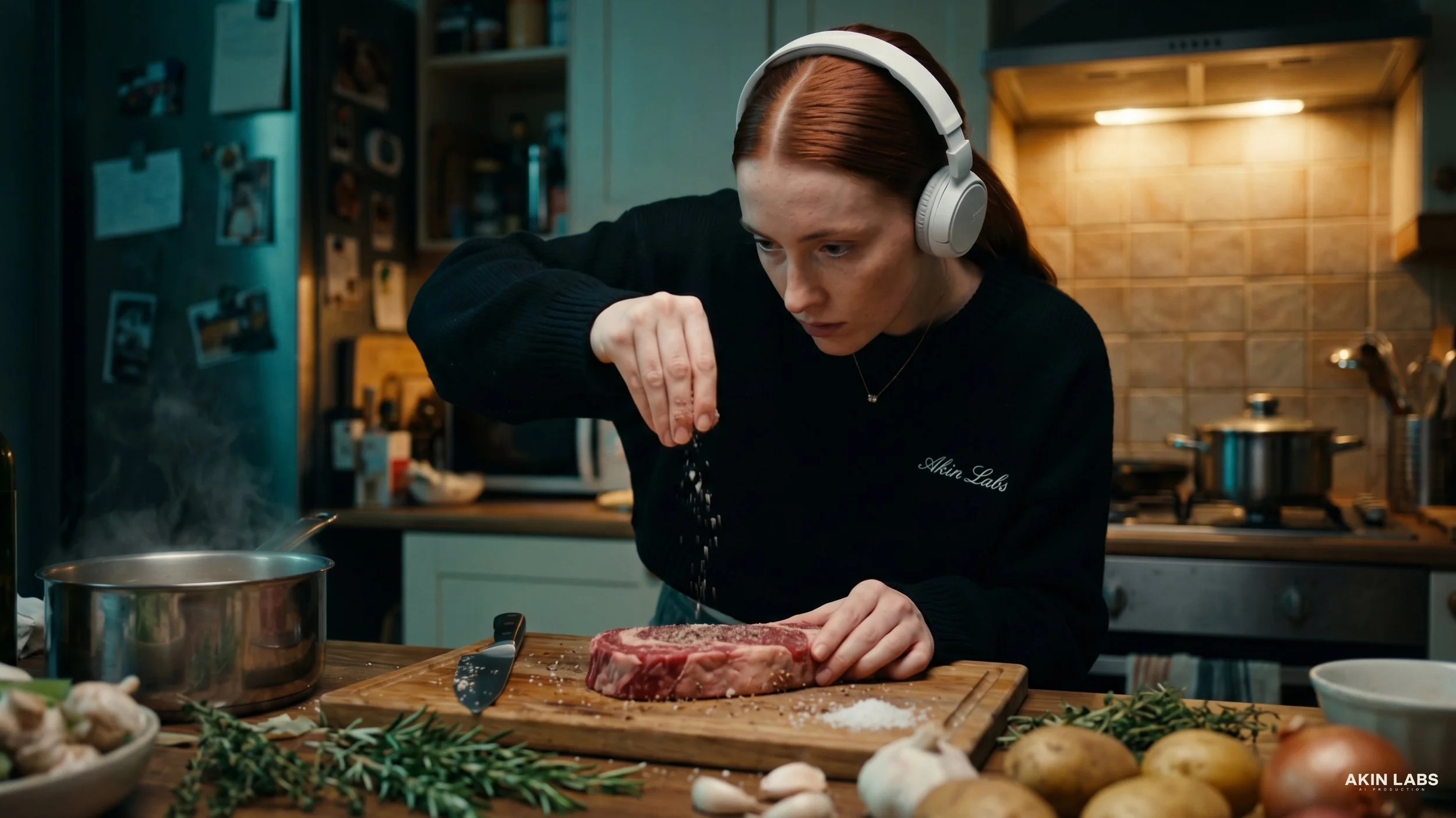 A woman with red hair wearing a black shirt with "Akin Labs" embroidered on it is seasoning a large piece of raw beef on a wooden cutting board in a kitchen. She is wearing white headphones and focused on her task, with various kitchen items and ingr