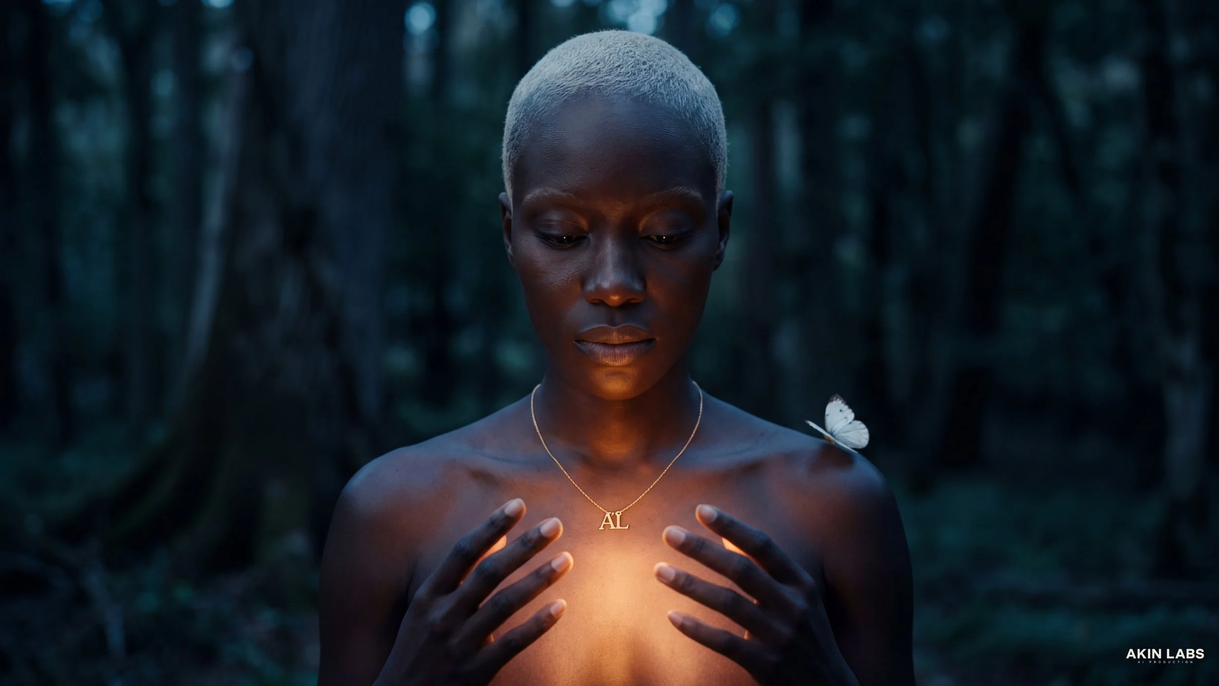 A woman with short platinum blonde hair standing topless in a dark forest, looking down with her hands near her chest. She wears a gold necklace with initials 'AL' and a butterfly rests on her shoulder. Higgsfield, NanoBanana 2, Kling, LLM, Gemini.