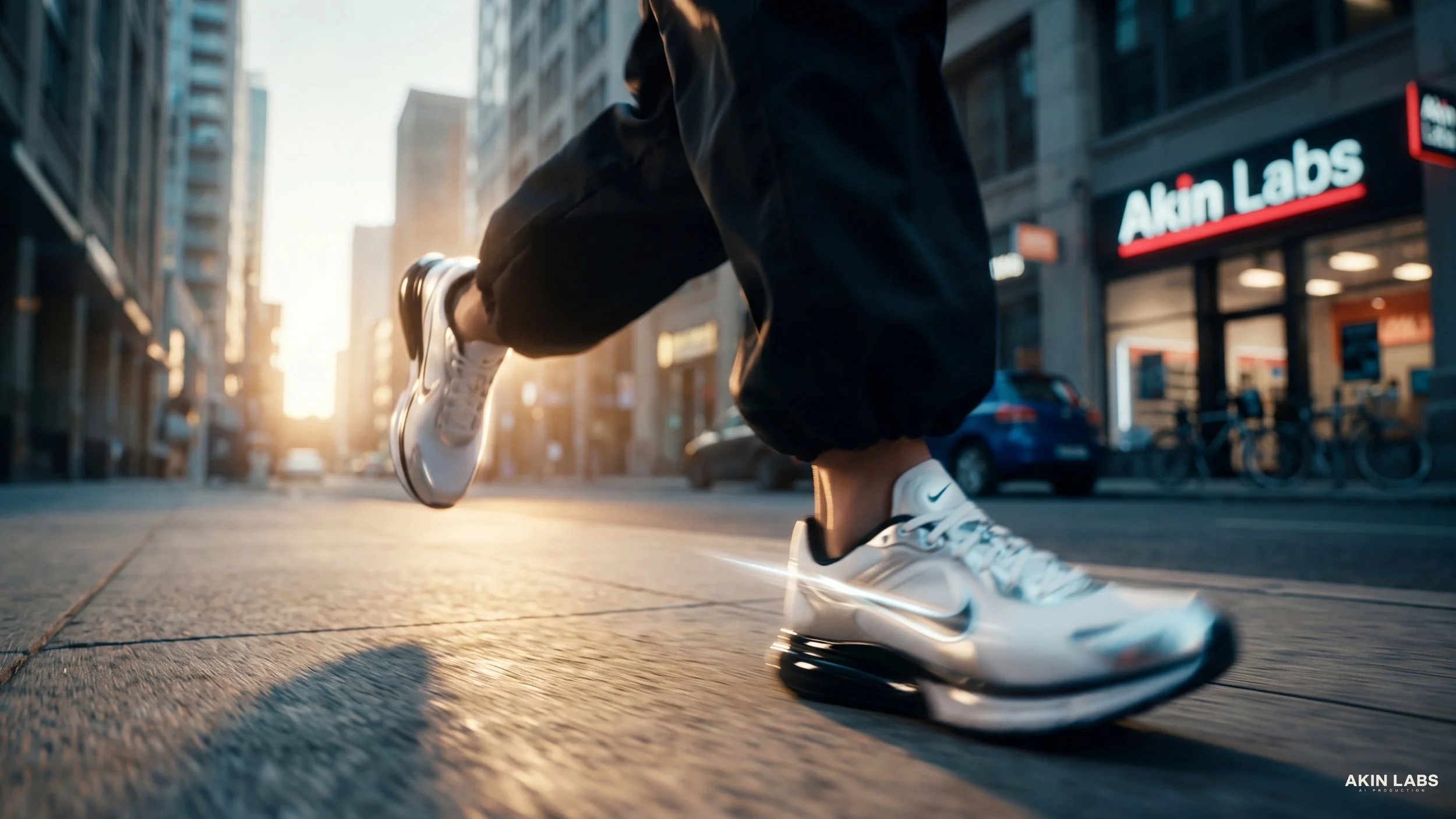 A person in athletic shoes and black pants is running on a city street during sunset, with the city skyline and buildings in the background. Higgsfield, NanoBanana 2, Kling, LLM, Gemini. AI Cinema. AI Film.