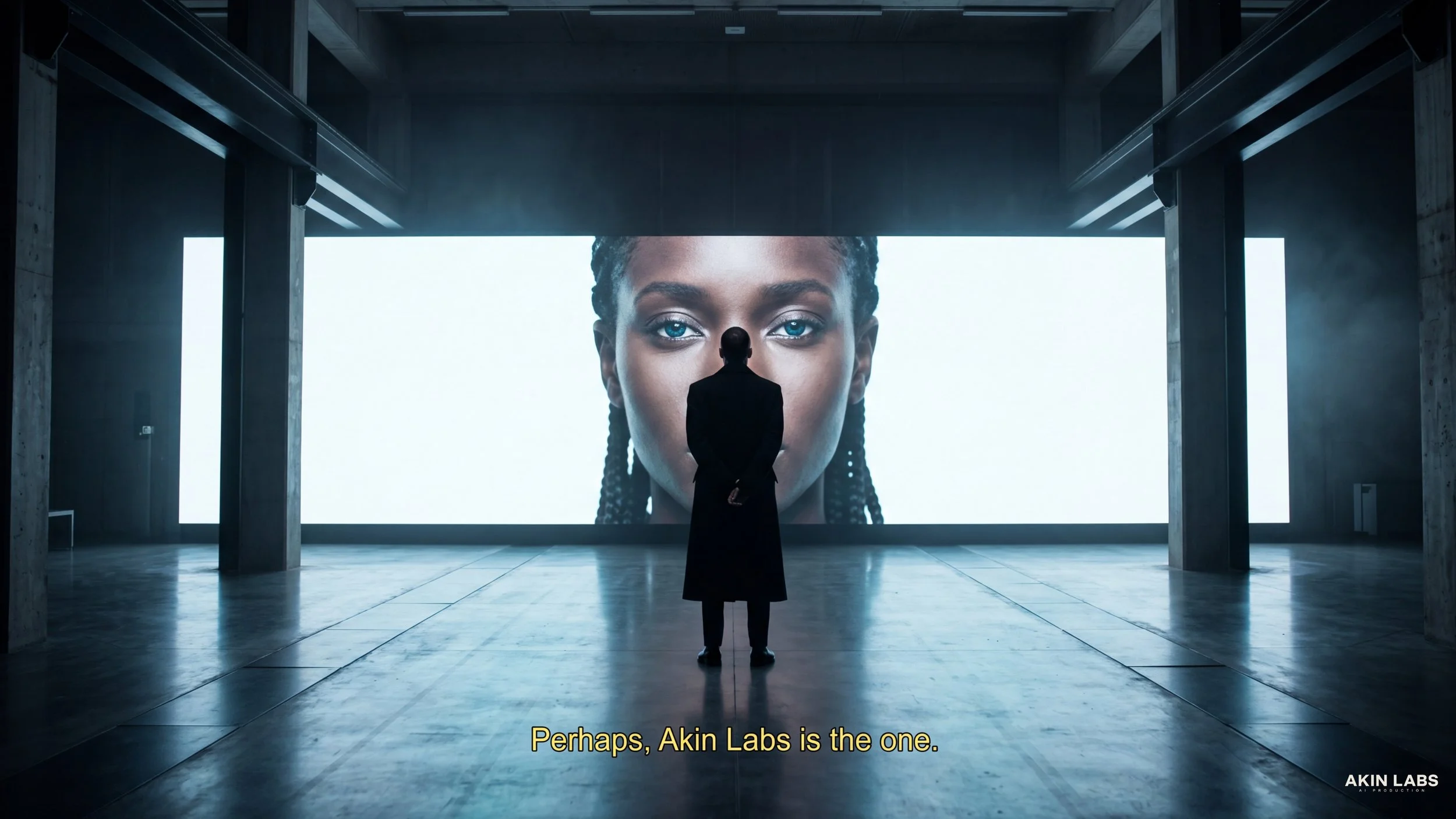 A person in dark clothing stands in a large industrial-style room, facing a massive digital screen displaying a close-up of a woman's face with braided hair and intense blue eyes. The room has concrete pillars and a high ceiling, with the screen occu