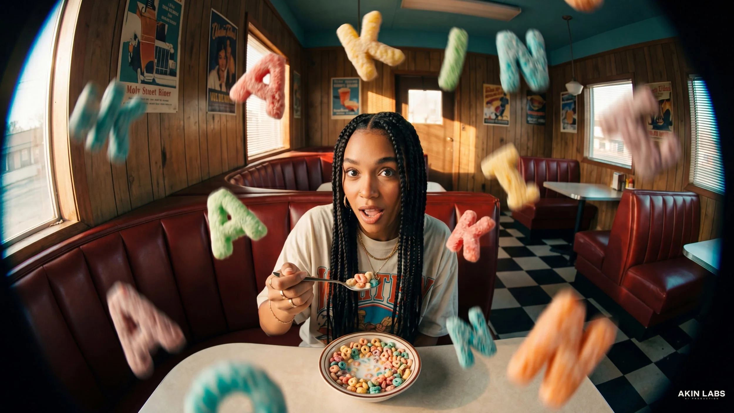 A young woman with braided hair sitting at a table in a retro-style diner, holding a spoonful of colorful cereal, with cereal pieces floating in the air around her. Higgsfield, NanoBanana 2, Kling, LLM, Gemini.