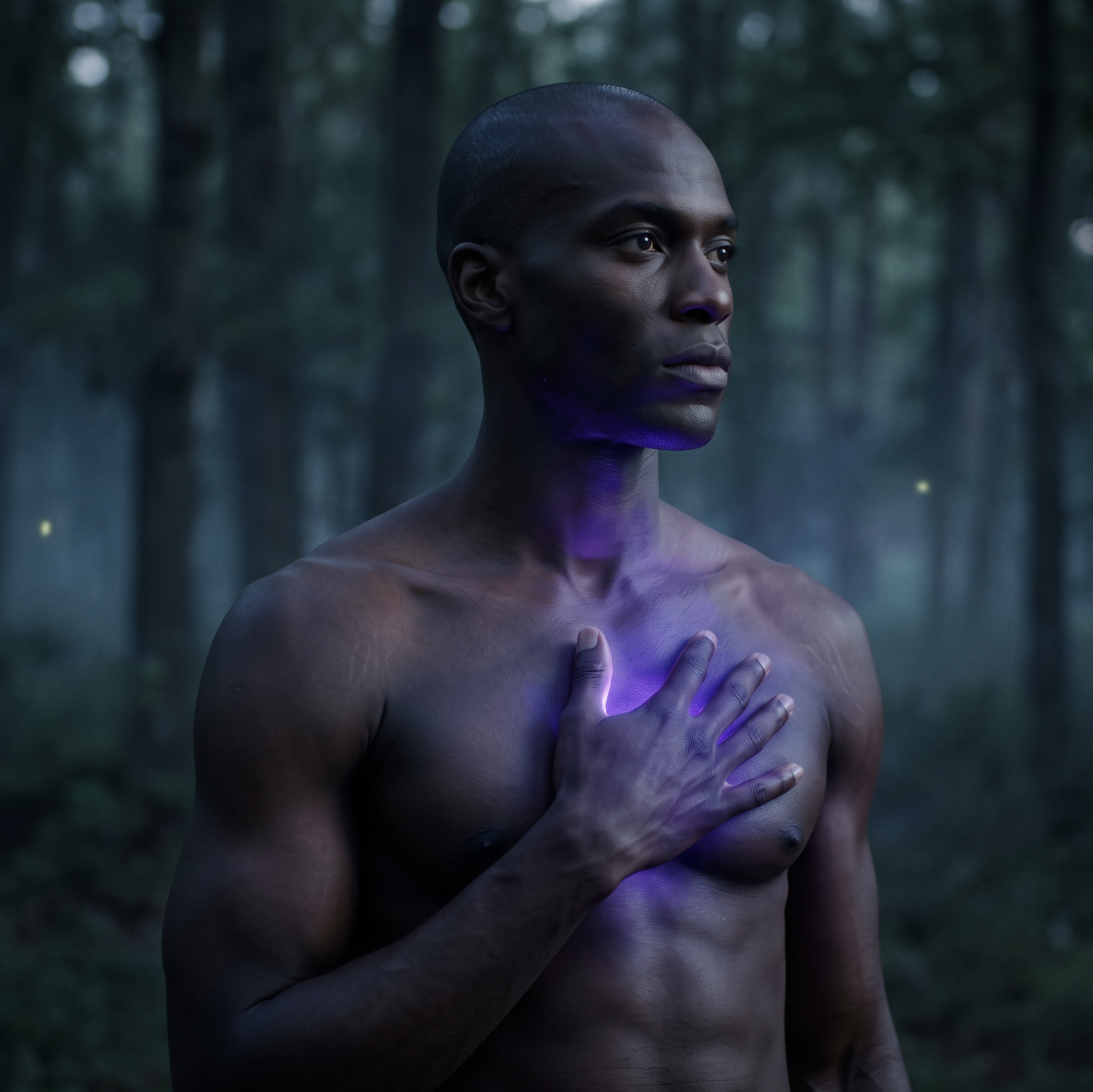 Close-up of a person's face and shoulder, with one hand touching their chest, set outdoors amidst trees with low light and purple lighting effects.