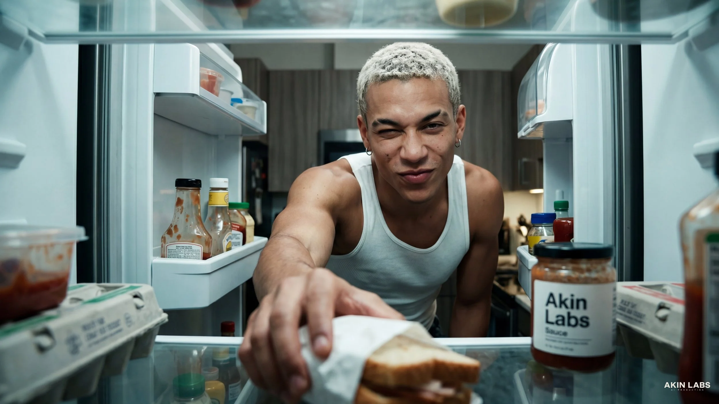 A man with platinum blonde curly hair, wearing a white tank top, is reaching into an open refrigerator containing condiments and groceries, looking inside with a playful expression.