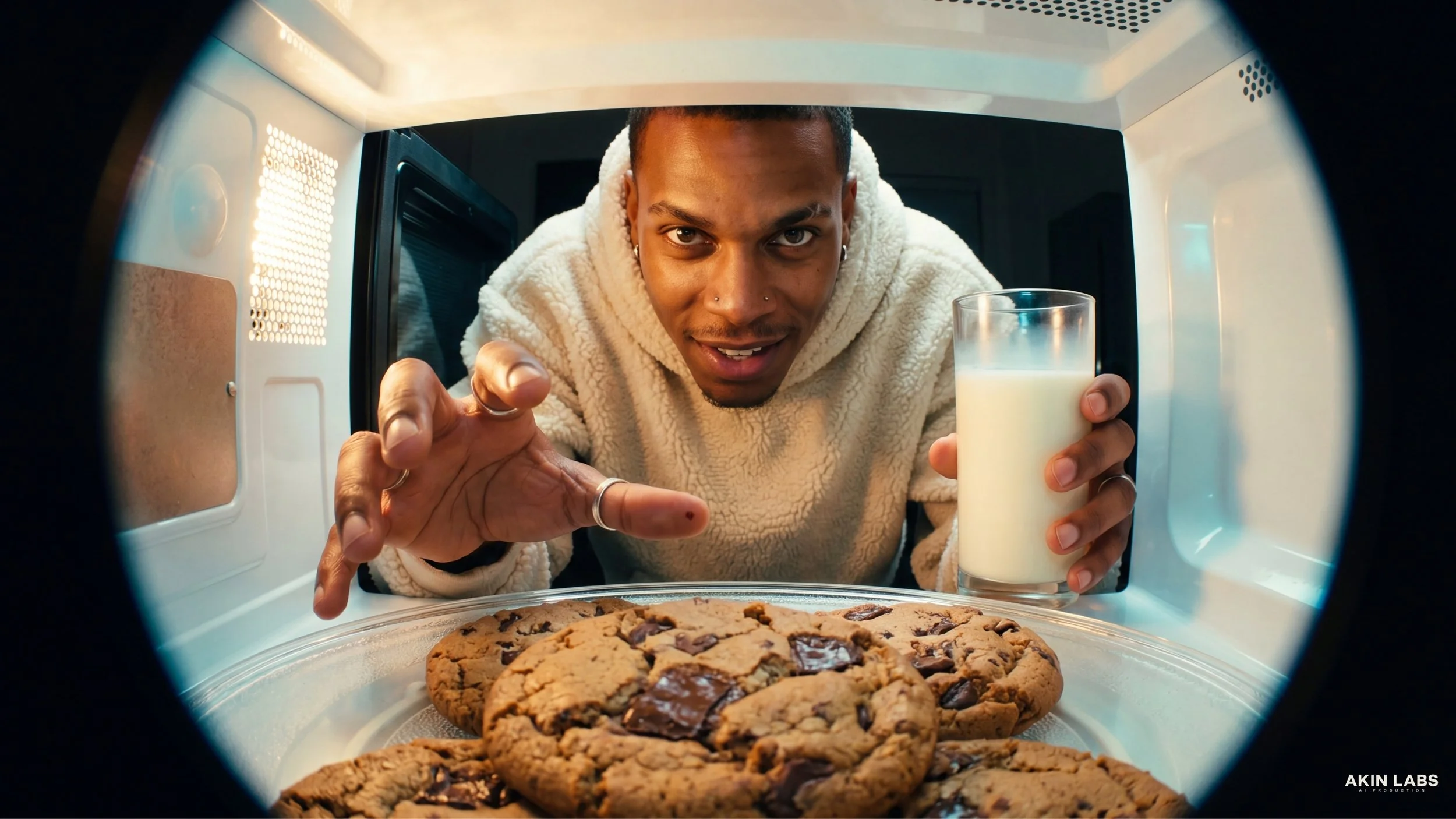 Person looking into a microwave oven holding a glass of milk, with chocolate chip cookies inside the microwave. Higgsfield, NanoBanana 2, Kling, LLM, Gemini. Ai cinema. 