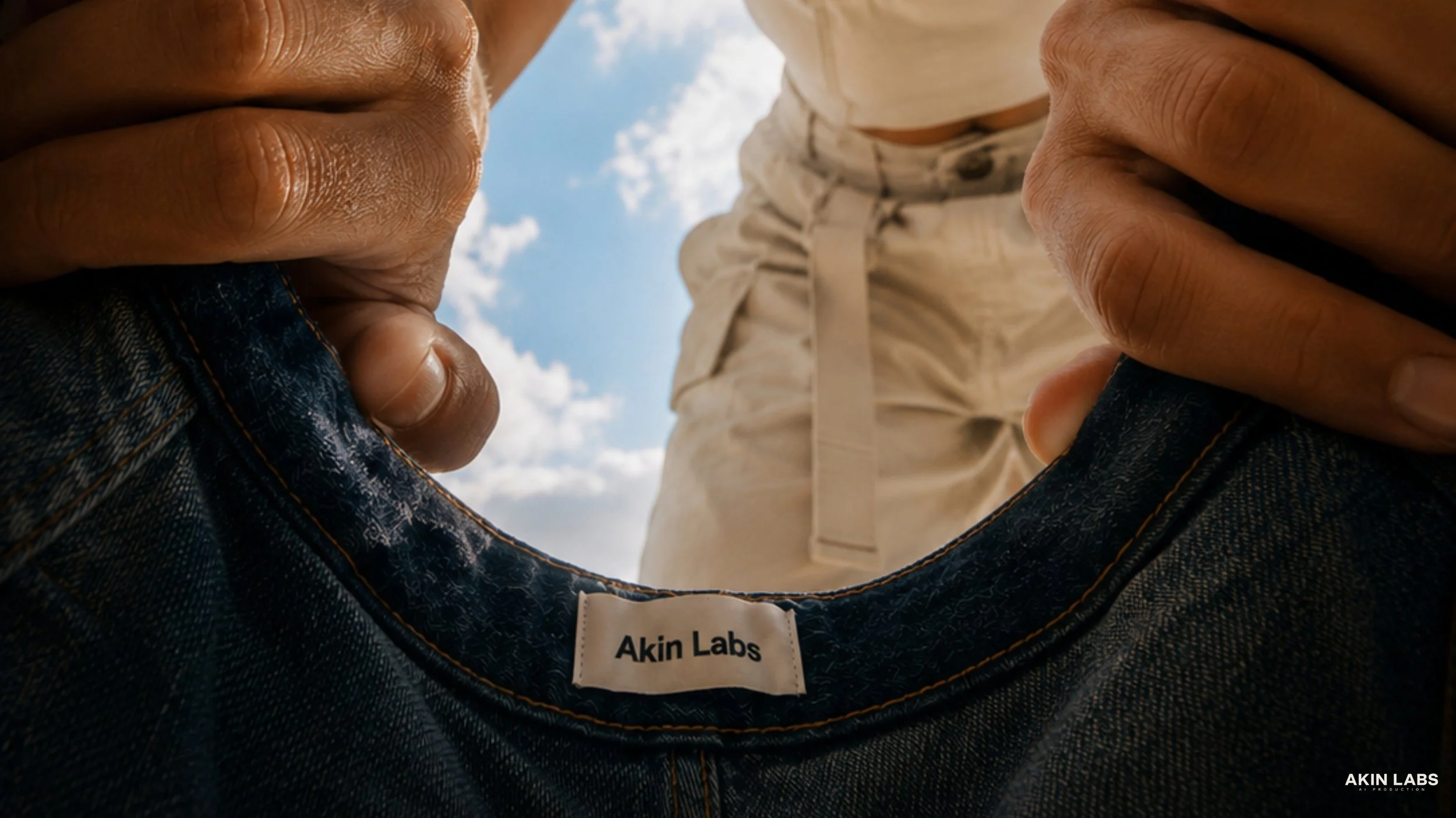 Close-up of a person's denim-clad knees with a background of blue sky and white clouds, taken from a low angle. The person appears to be bending over. Higgsfield, NanoBanana 2, Kling, LLM, Gemini. AI Cinema. AI Film.
