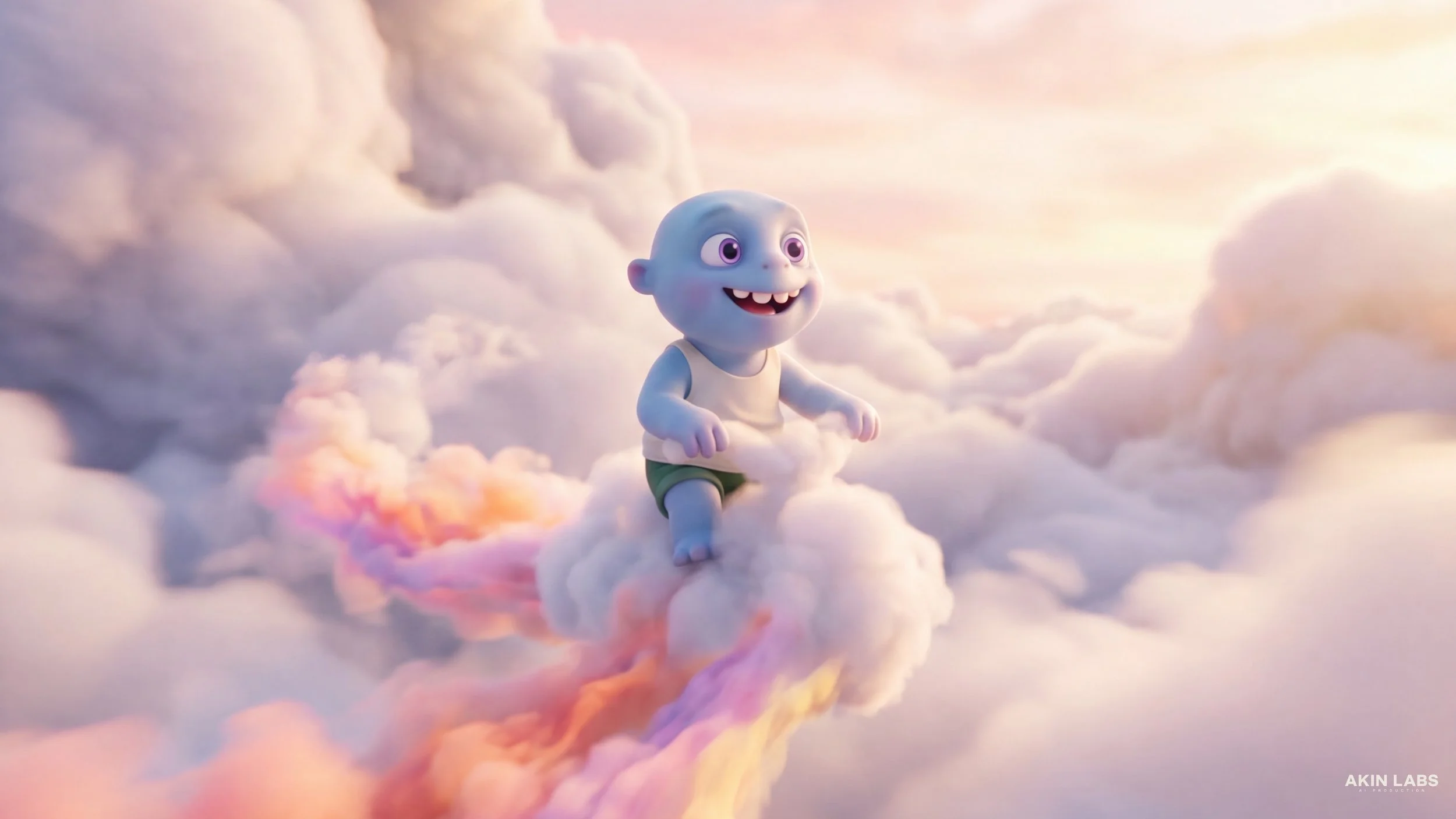 Animated character with blue skin, big purple eyes, missing teeth, wearing a white tank top and green shorts, running on fluffy clouds in a colorful sky at sunset Higgsfield, NanoBanana 2, Kling, LLM, Gemini. AI Cinema. AI Film.