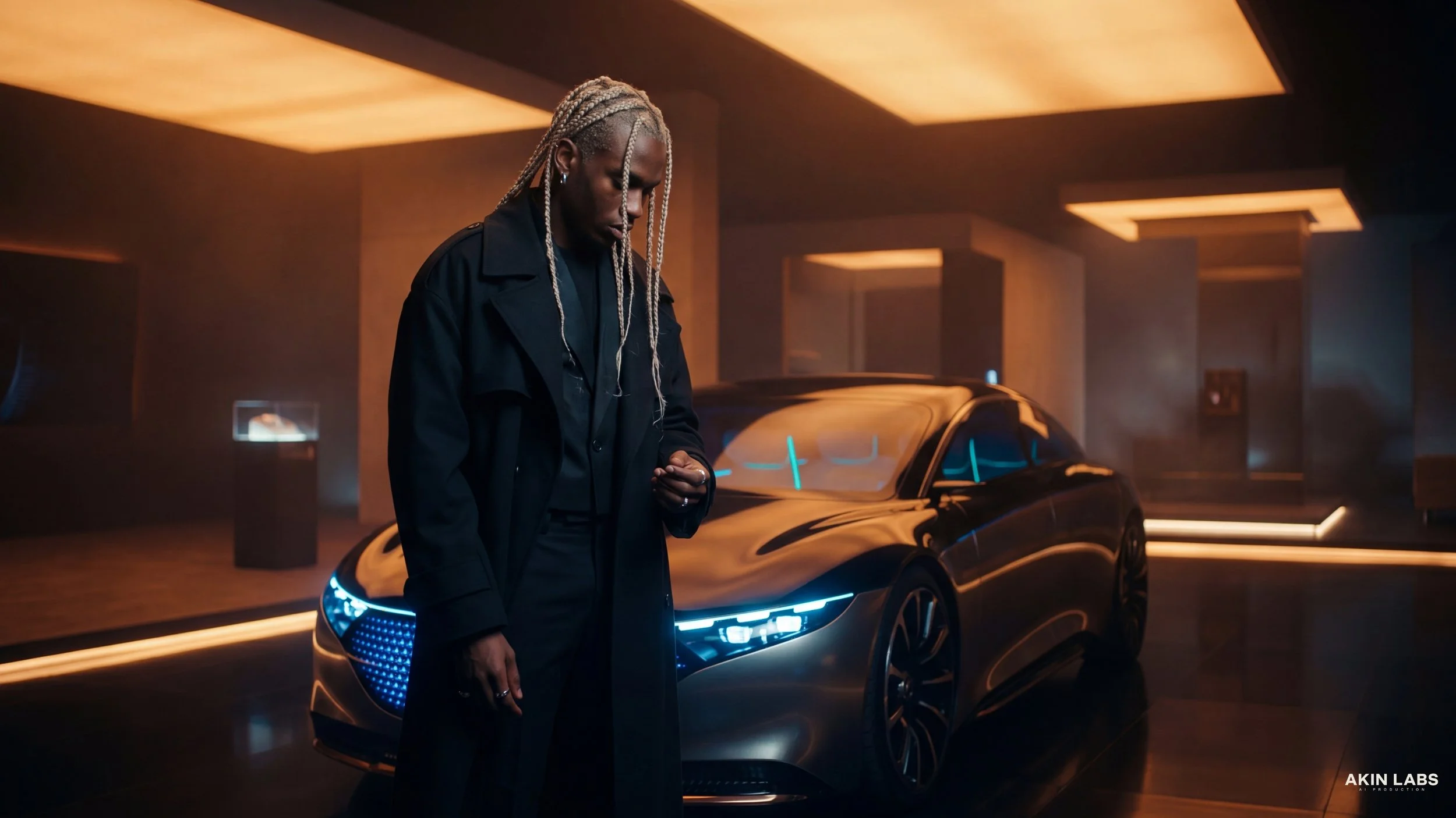 A man with blond braided hair, dressed in a black coat, standing in front of a sleek black car with glowing blue lights, inside a modern, warmly lit showroom. Higgsfield, NanoBanana 2, Kling, LLM, Gemini. AI Cinema. AI Film. AI fashion. 