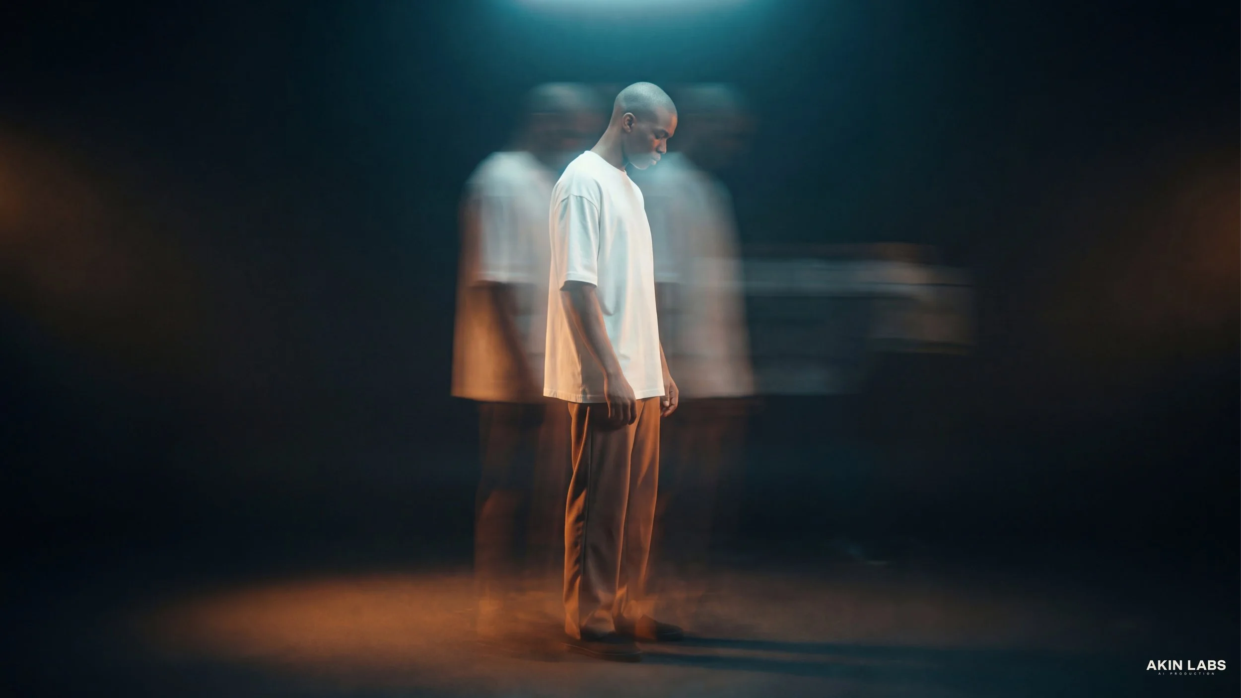 A young man with a shaved head standing with head bowed and eyes closed, illuminated with soft light, surrounded by repeated blurred images of himself creating a motion effect, in a dark setting.