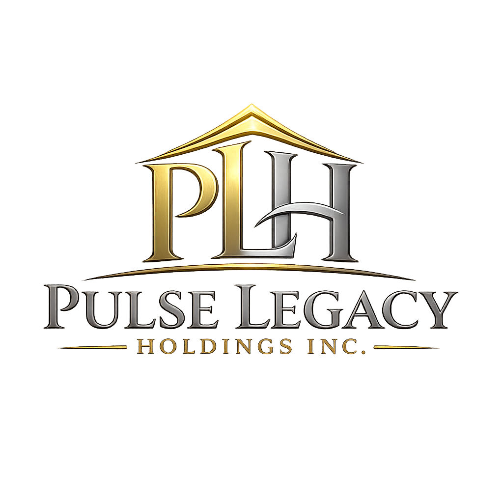 Logo for Pulse Legacy Holdings Inc. featuring a gold and silver house icon with the initials PLH, and the text "Pulse Legacy" in large grey letters and "Holdings Inc." in smaller gold letters beneath.