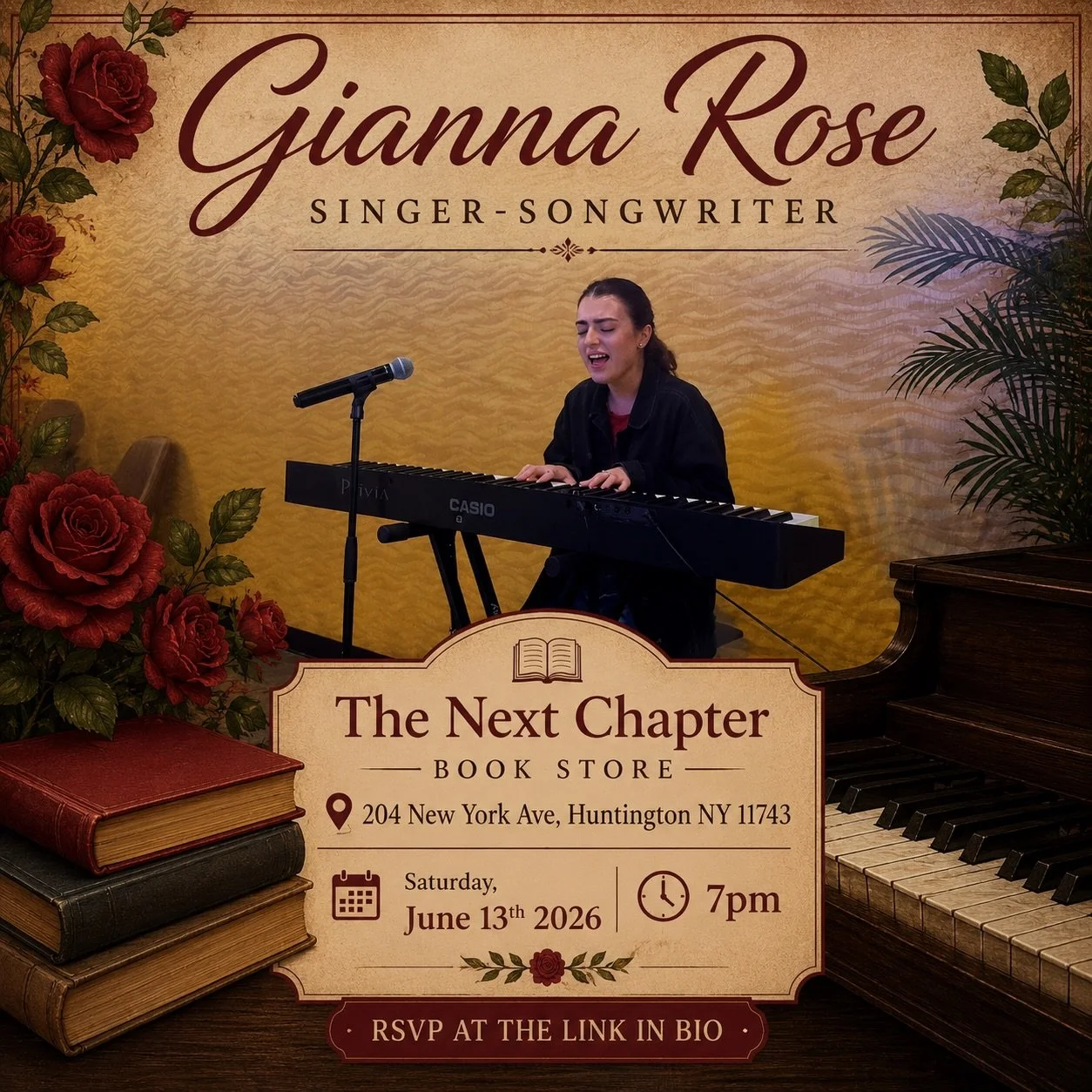 An evening of storytelling through song🌹📚🎹

Join me for an intimate singer-songwriter performance at The Next Chapter, a beautiful Huntington, Long Island bookstore. I&rsquo;ll be sharing original music and some favorite covers. Come hang out for 
