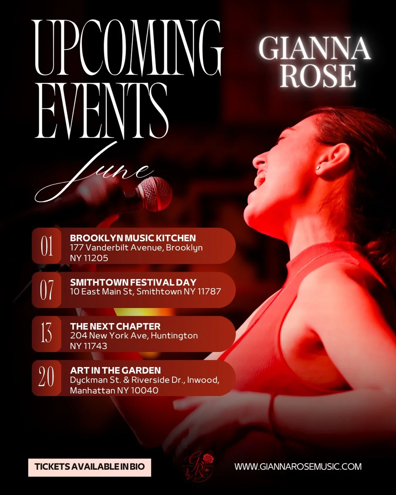 More music, more memories this June🌹🎶

So excited to be performing at several events this upcoming month and to share more original music with you all! From intimate acoustic sets to community festivals, I can&rsquo;t wait to sing, play piano, and 