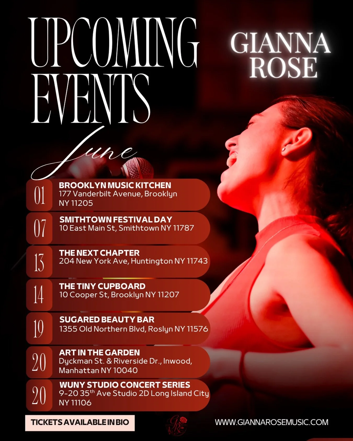 🚨UPDATED🚨

More music, more memories this June🌹🎶

So excited to be performing at several events this month and to share more original music with you all! From intimate acoustic sets to community festivals, I can&rsquo;t wait to sing, play piano, 