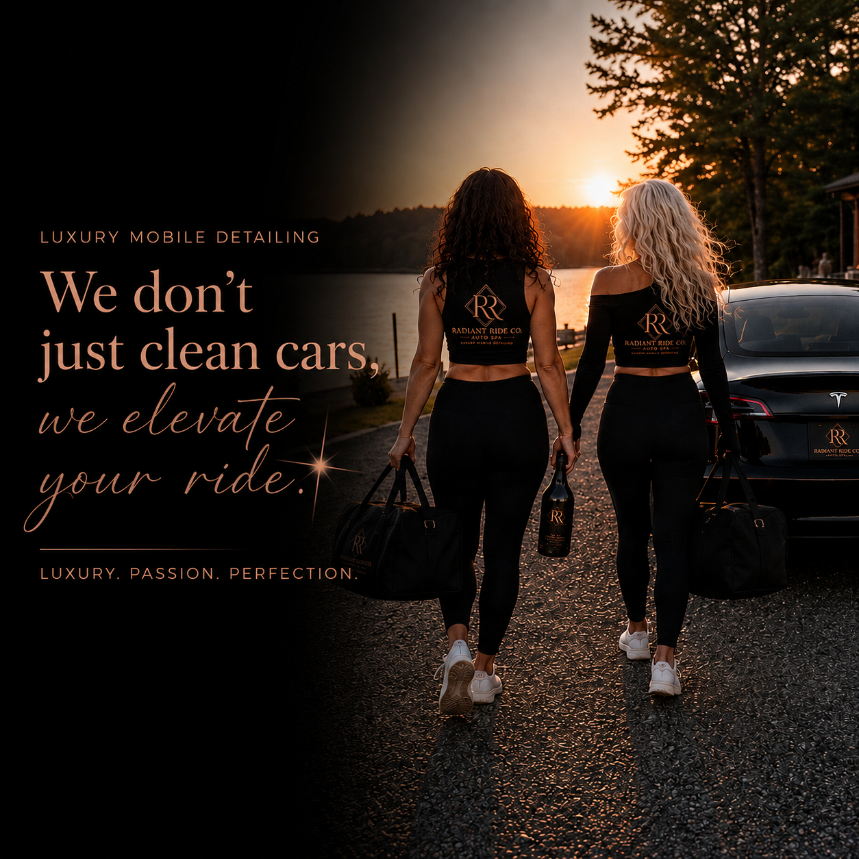 Two women walk by a luxury car during sunset, carrying sports bags and wearing matching black athletic outfits with the 'Radiant Ride Co.' logo, promoting luxury mobile detailing services with a slogan about elevating rides.