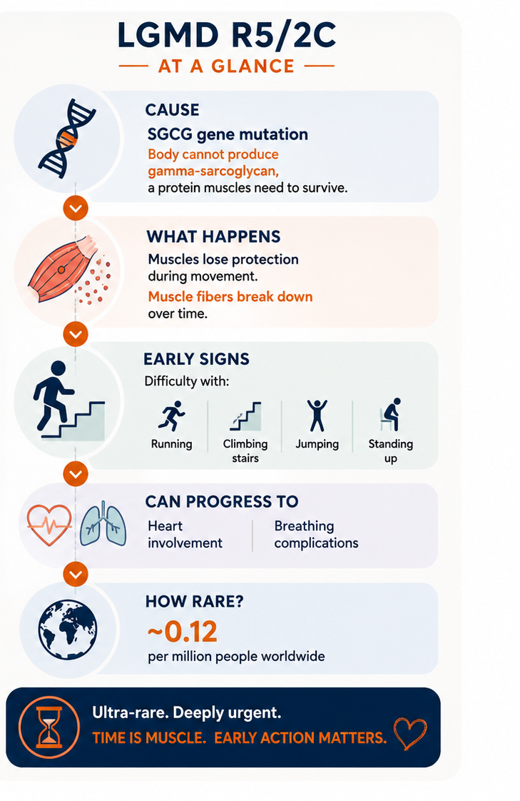 Infographie expliquant le LGMD R5/2C, une maladie génétique musculaire rare causée par une mutation du gène SGCG, menant à la dégradation des fibres musculaires, à des signes précoces comme des difficultés à marcher, et une progression vers des problèmes cardiaques et pulmonaires, affectant 0,12 personne pour million dans le monde.