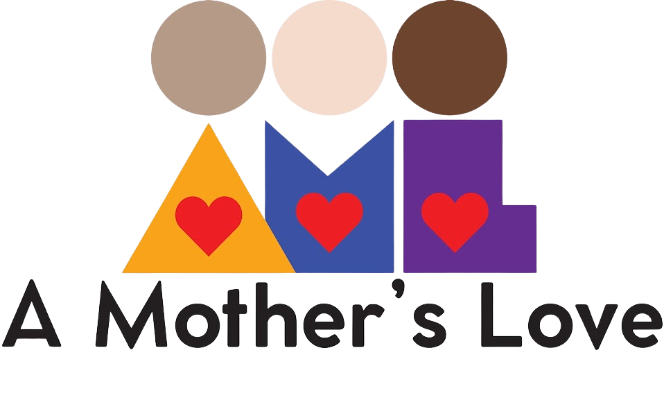 A colorful illustration of three abstract figures with heart symbols on their chests, representing a mother and children, with the caption 'A Mother's Love'.