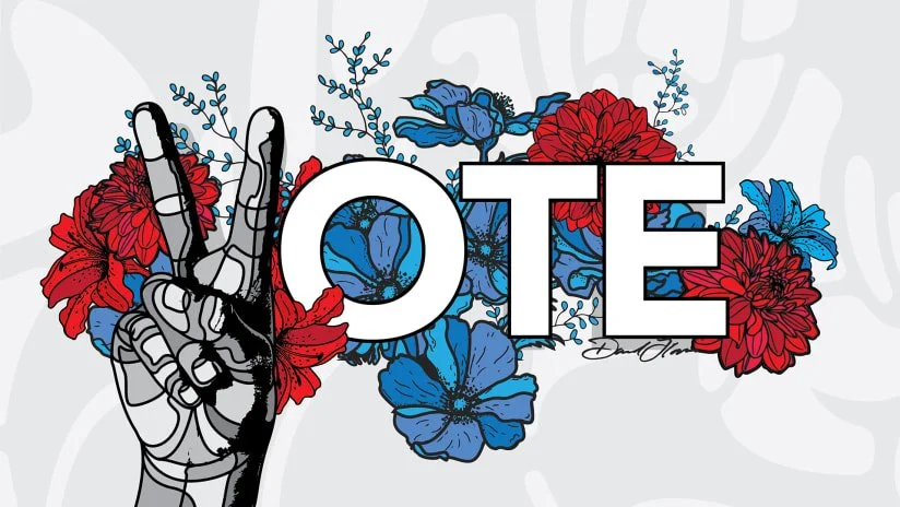 An illustration of a hand making a peace sign with flowers in red and blue behind it, and the word 'VOTE' prominently displayed.