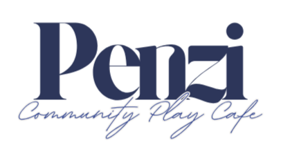 Logo for Penz Community Play Cafe with the text 'Penz' in large dark blue letters and 'Community Play Cafe' in smaller white script underneath.