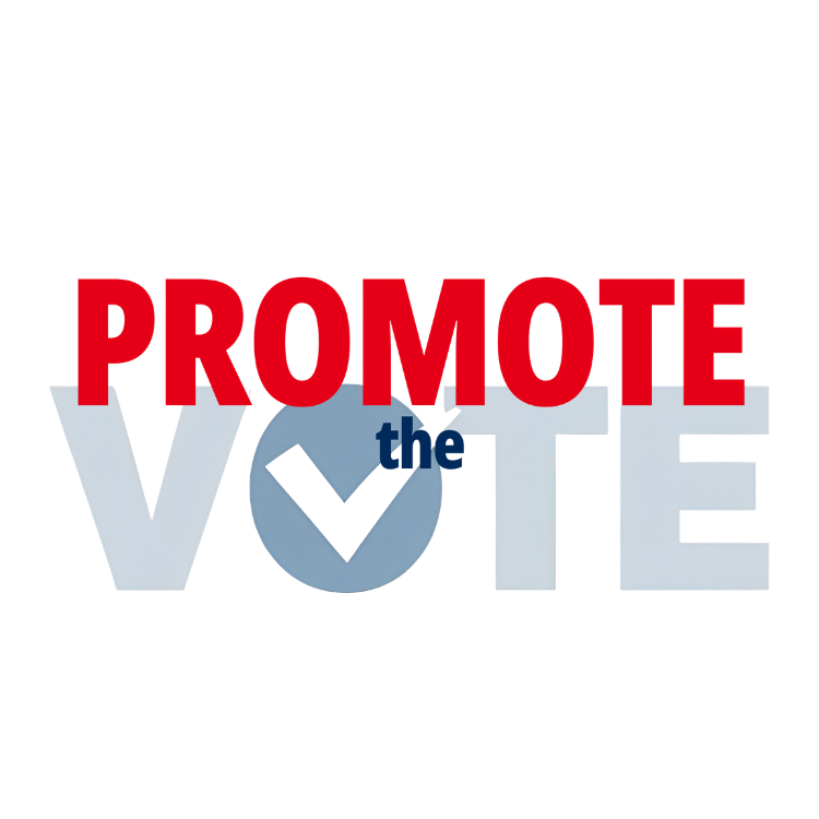 The image features the phrase 'PROMOTE the VOTE' with a checkmark inside a circle replacing the letter 'O' in 'VOTE', using red, blue, and gray colors.