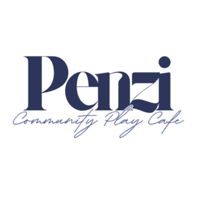 Logo for Penzi Community Play Cafe with text in stylized fonts on a black background.