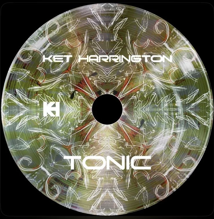 A digitally designed CD with abstract, symmetrical white line art and colorful background, featuring the text "KET HARRINGTON" and