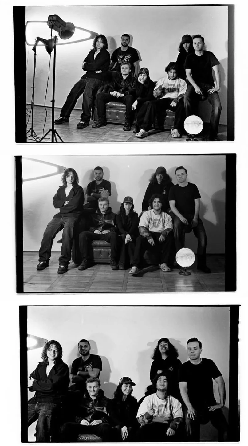 Three black and white photographs of a group of seven young adults posing for a photo in a studio with a plain wall background. The group is arranged differently in each photo, with some members sitting and others standing, featuring mix of casual and relaxed poses.