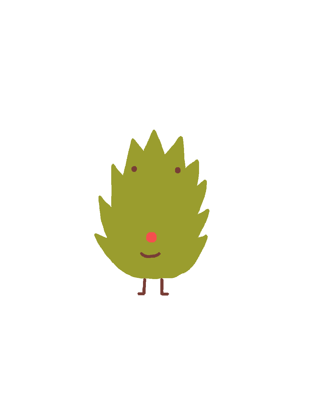An animated character jumping resembling a green spiky leaf with a happy face, small arms, and legs, standing on a yellow background.