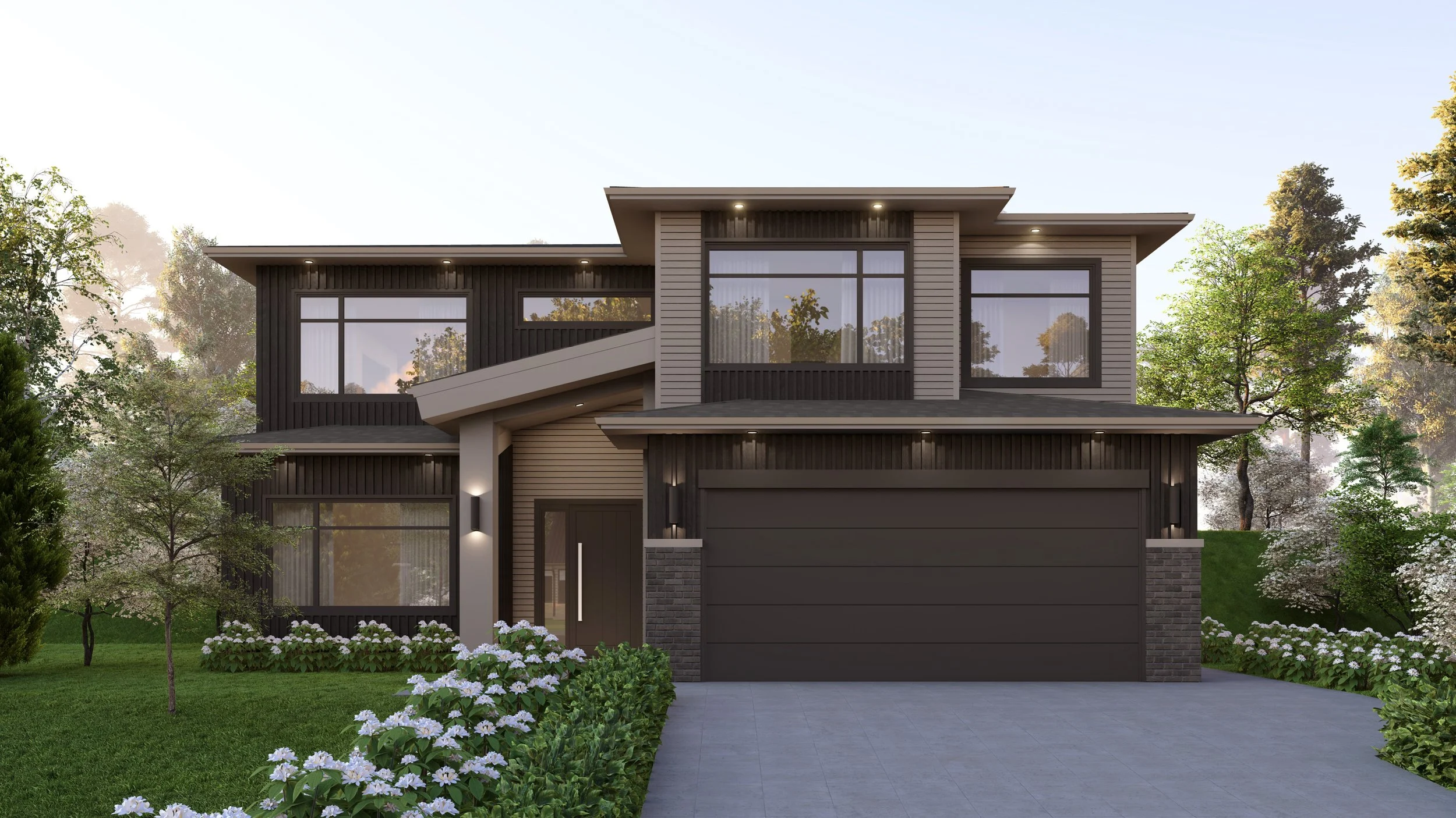 Modern ground-level house with a dark exterior, large windows, a front garage, surrounded by green lawn, trees, and flowers.
