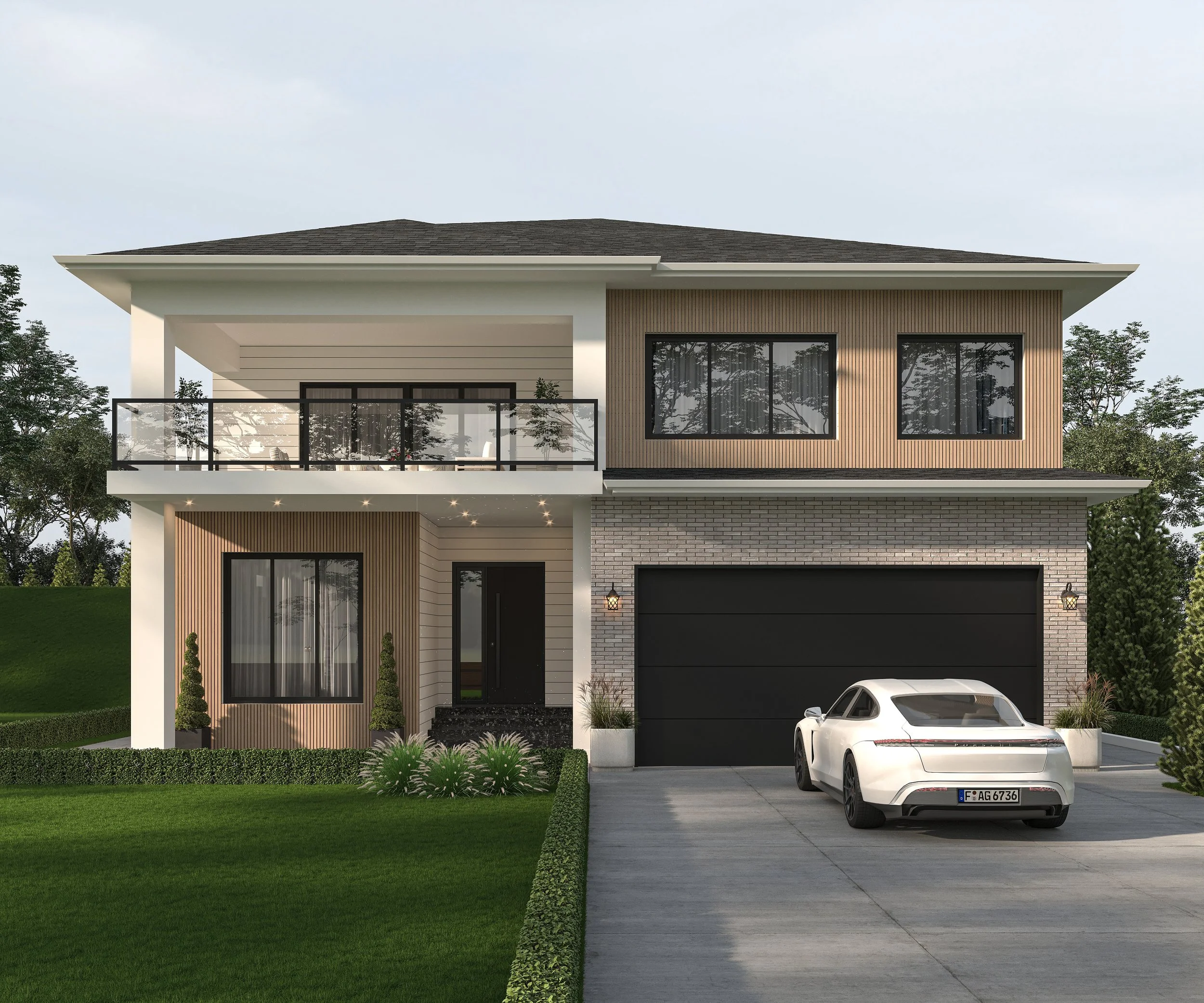 Modern Ground-level house with stone work and cladding exterior, large windows, a balcony, and a black garage door, with a white car parked in the driveway and landscaped lawn in front.