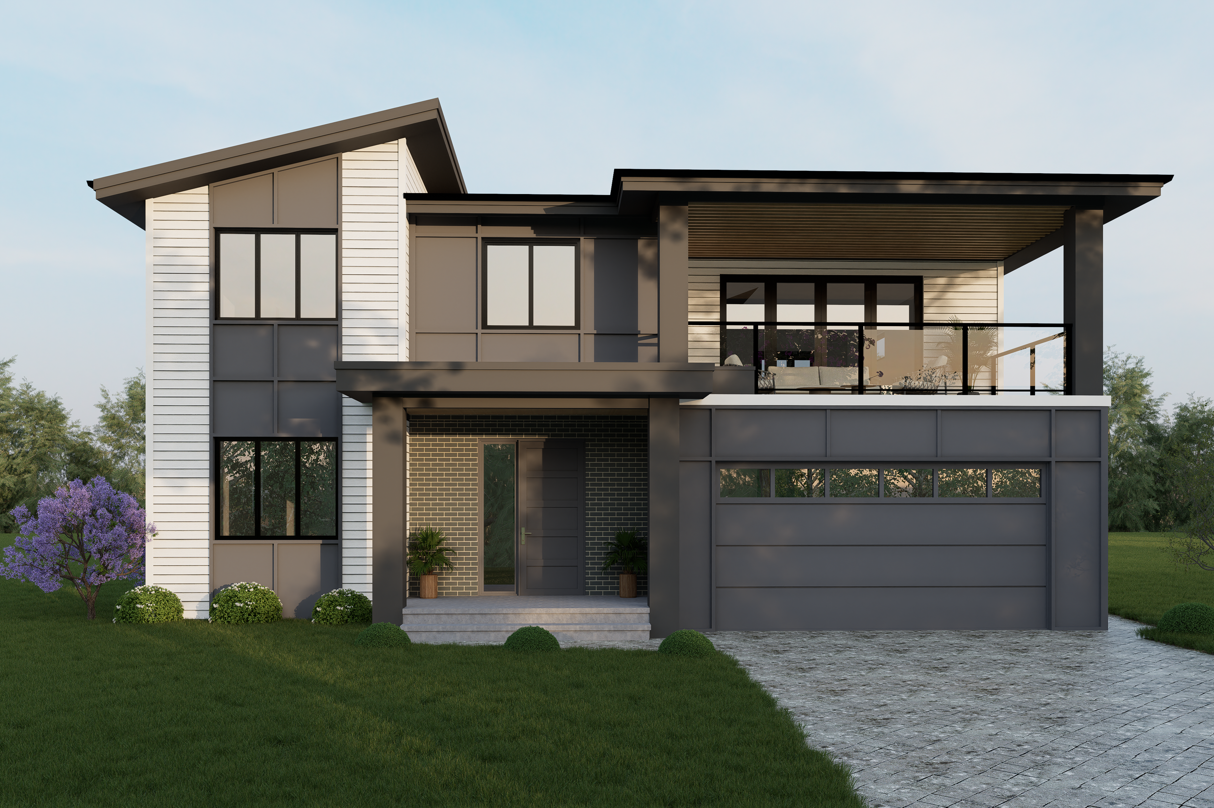 Modern two-story house with gray and white exterior, large windows, a balcony with glass railing, and a driveway on a sunny day.