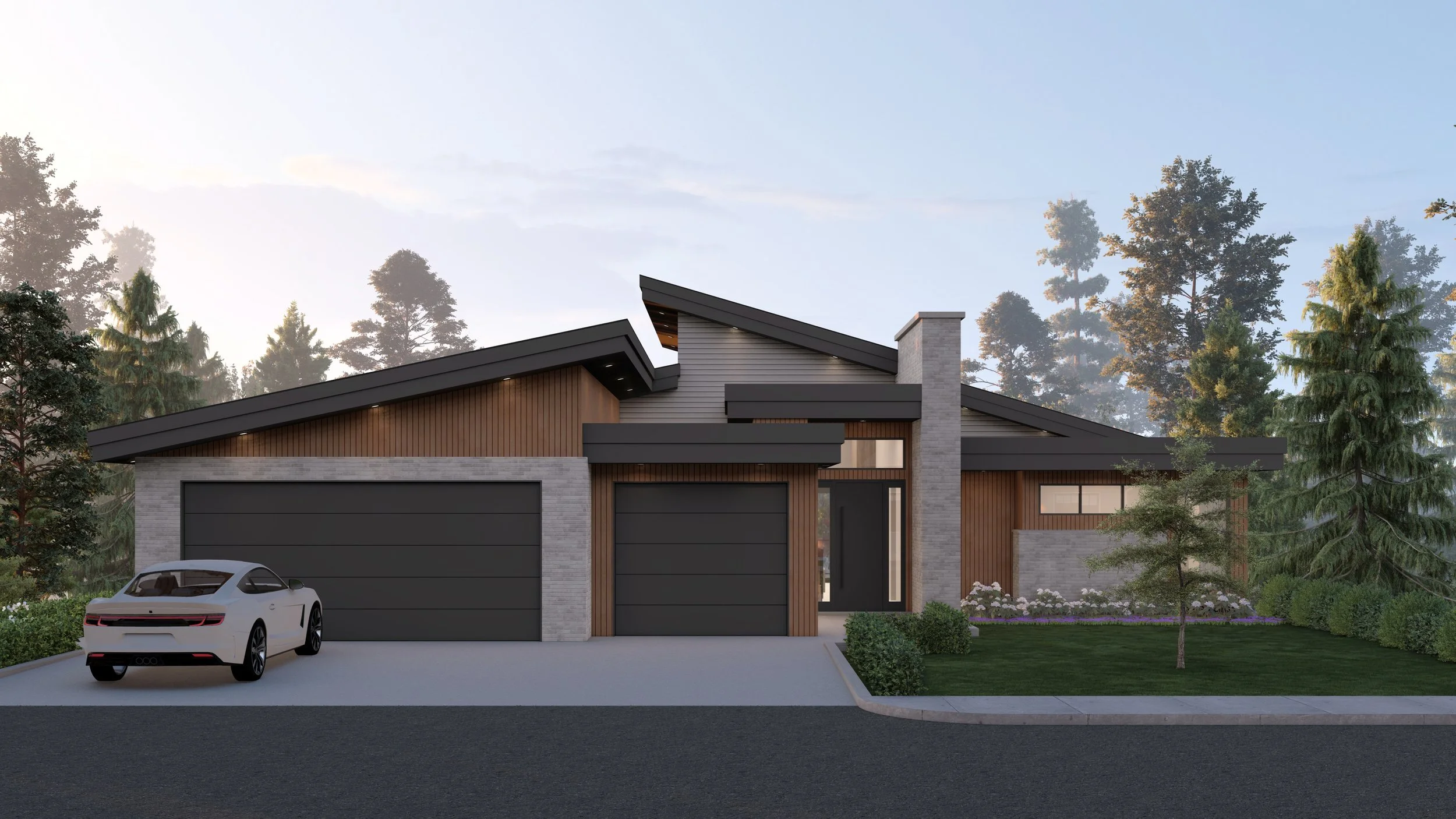 Custom Rancher-Style Home with flat and sloped roofs, two garage doors, surrounded by trees and well-maintained lawn, with a white sports car parked in front.