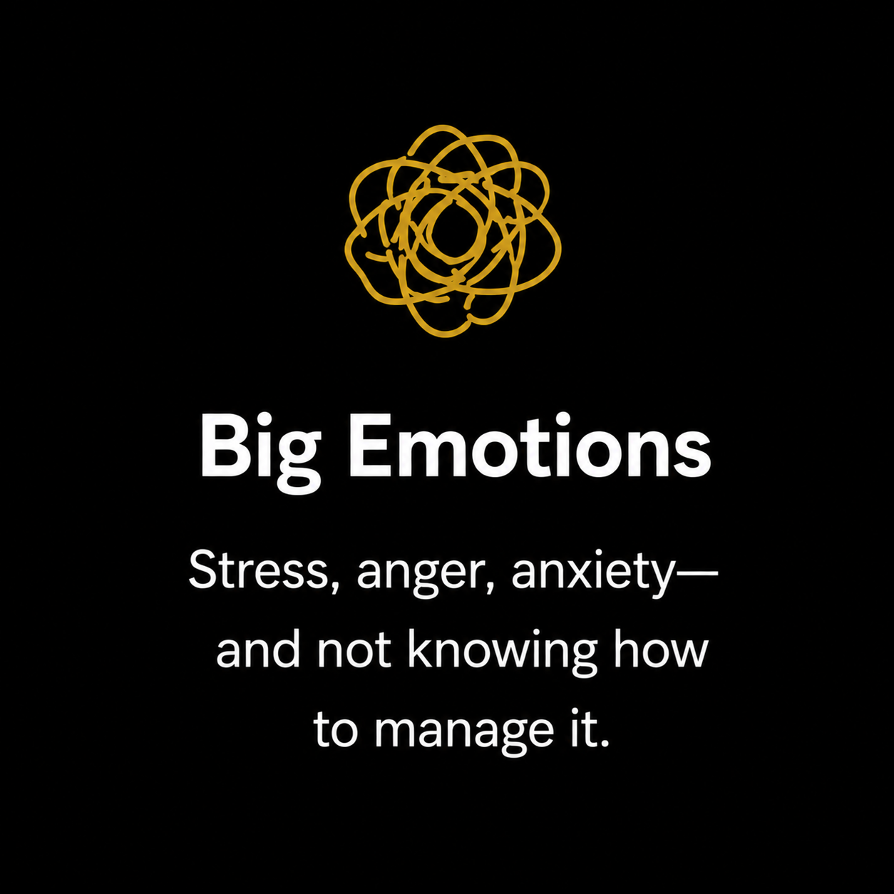 A black background with a yellow tangled scribble at the top. Below it, white text reads 'Big Emotions' and then smaller text says 'Stress, anger, anxiety—and not knowing how to manage it.'